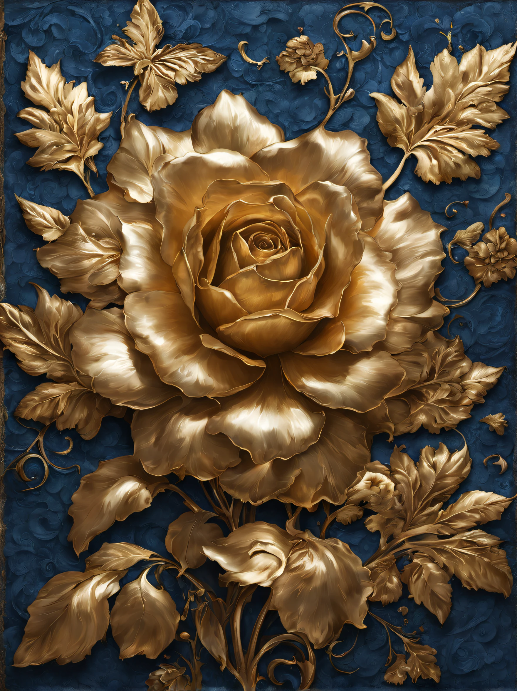 (Blue seductress rose poster made of metal）, Each metallic blue enchantress flower has cascading petals， Blue shells，Rich metallic texture，they are dark blue，Like the night sky and the deep sea，Has an attractive metallic luster，silver leaves made of platinum，gaps between petals，Capture light and shadow, gold flowers, helianthus flowers, golden rose, flowers and gold, (Gold-plated embossing: 1.5), 
Detailed flower, Gorgeous flowers,,intricate flowers, Messy golden leaf flowers, 8K detailed oil painting, Stunning and detailed, gilded. Blooming flowers, baroque element, Fine workmanship，Retro punk style background：blue velvet cloth，It gives a feeling of nobility、mystical feeling。