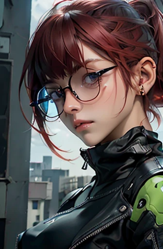 1nerdy girl with glasses, 28yo, Pia bangs hairstyle, (fringe cut bangs hairstyle), (The forehead is hidden by bangs), (((red hair))), ((boyish)), ((pony tail)), asymmetrical hair, (((black-rimmed round glasses))), ((beautifully detailed face)), long eyelashes, (Beautiful detailed eyes), (sharp eyes), Bright pupils, (Blue eyes), Fine eye makeup, (evil Smile), ((black frame glasses)), cyberpunk style, long black open jacket, street fashion, sport pants, (Solo), (Suggestive Pose), (cinematic angle), Full Body Shot, perfect anatomy, slender, small bust, cleavage, abs, (thin waist), muscular body, collarbone, (high detailed skin), ((top-quality)), ((High Definition)), ((beautiful detailed)), high quality shadow, Rule of thirds, mostly cloudy sky, ((official art)), anatomically correct, (((Best Quality))), (((masterpiece))), (((Super Detail)))