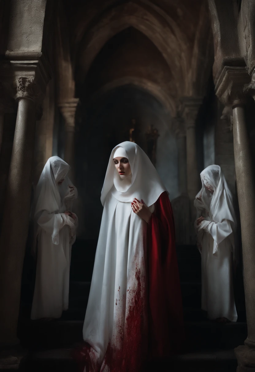 Blood nun, dark and gloomy atmosphere, old church with biblical windows, beautiful woman with red and penetrating eyes, blood splashes, 1 woman surrounded by ethereal ghosts, eternal and deep darkness, penitent ghosts, group of humanoid spirits