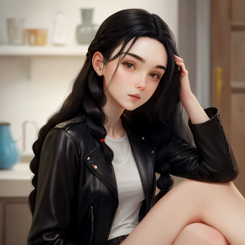20 year old young pale white woman with long black hair with silver ends in a braid 5 foot short thin body wearing black leather