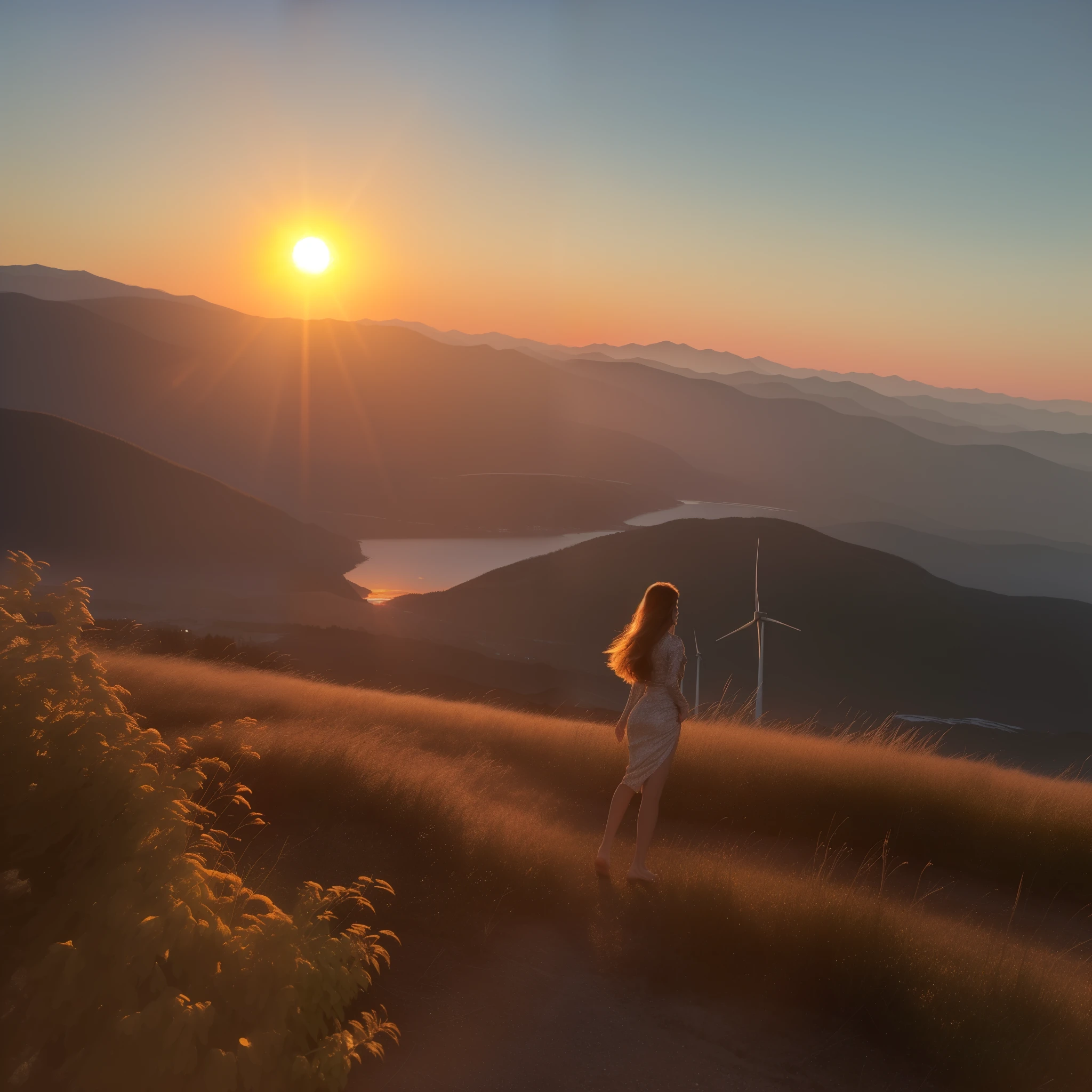 arafis on a mountain，Lake and wind turbines in the background, mountains and sunset!!, sunset lights 8k, at sunrise, With the setting sun, at sunrise, Beautiful images, with a sunset, Mountains and colorful sunset!!, late sunset, beautiful sunrise lights, sunrise lighting, Shot using sigma 2 0 mm f 1. 4, In the beautiful sunset