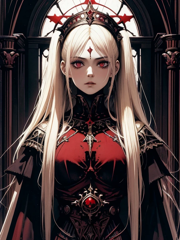 pale young divine gothic priestess, twintails, pure white skin, rust decay, Beautiful full body symmetrical portrait, Delicate blonde hairstyle, crimson eyes, dark red elegant gothic armor, encrusted with red gems, dark cathedral, masterpiece, Highest image quality, super detailing, upscaled, art by Zdzislaw Beksinski, art by H.R. Giger, absurdres, highres, (official art, beautiful and aesthetic:1.2), real, 4k, 8k,