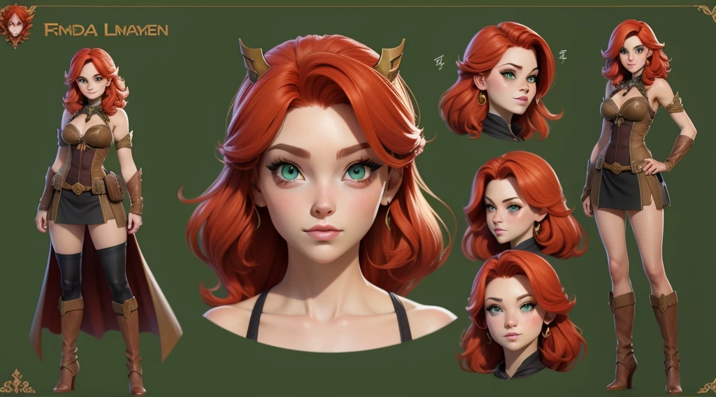 Female original character reference sheet adoptable, redhead, green eyes,
