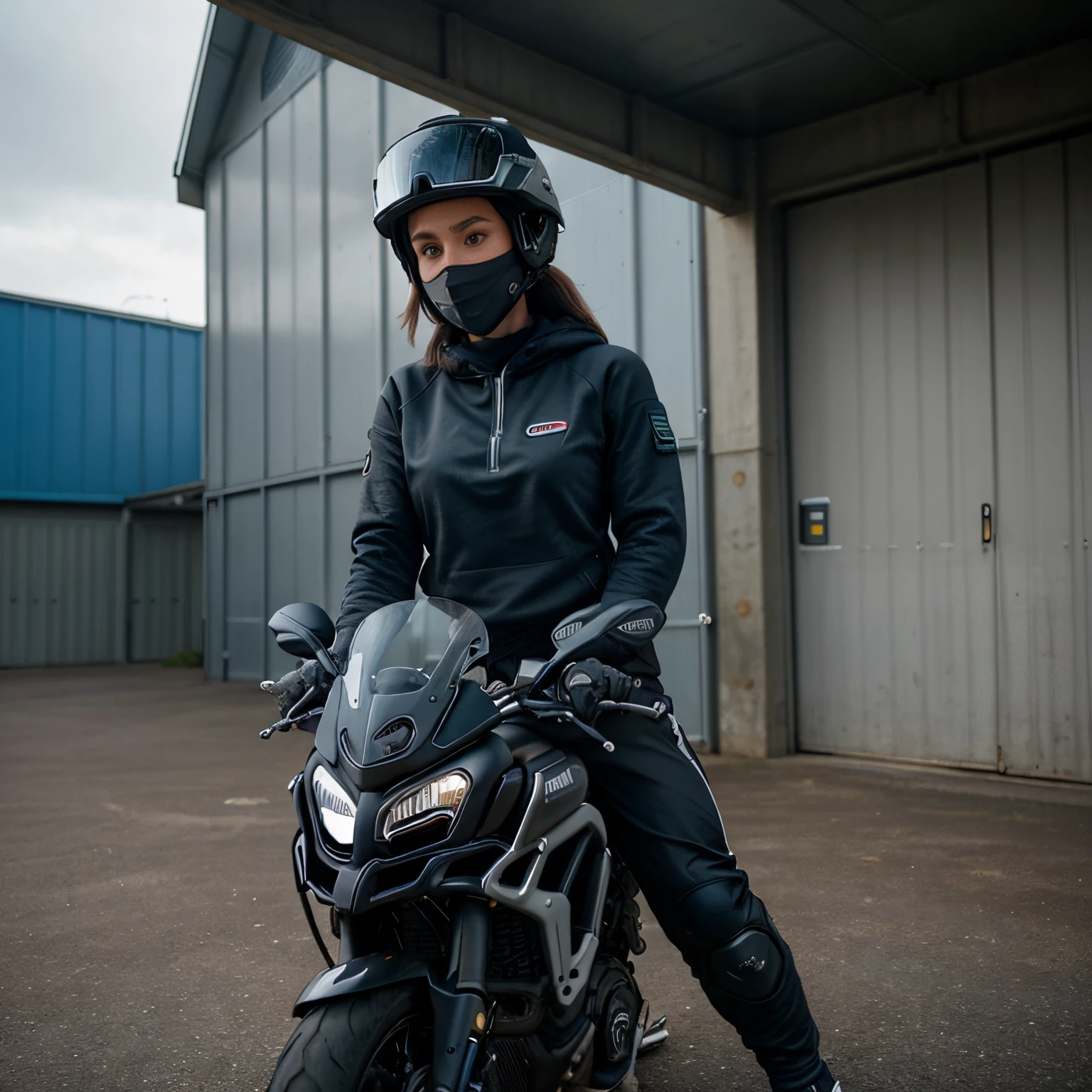 Can you draw a female rider who is wearing a black hoddie, black sweat pants, grey brook shoes, black shocks and a blue helmet with the visor up but your unable to see her face,  as she is sitting on her blue Ducati Multistrada 1260 as she is talking to a group of soldiers from the 4 infinity division in their army combat uniforms and patrol caps between some warehouse like buildings