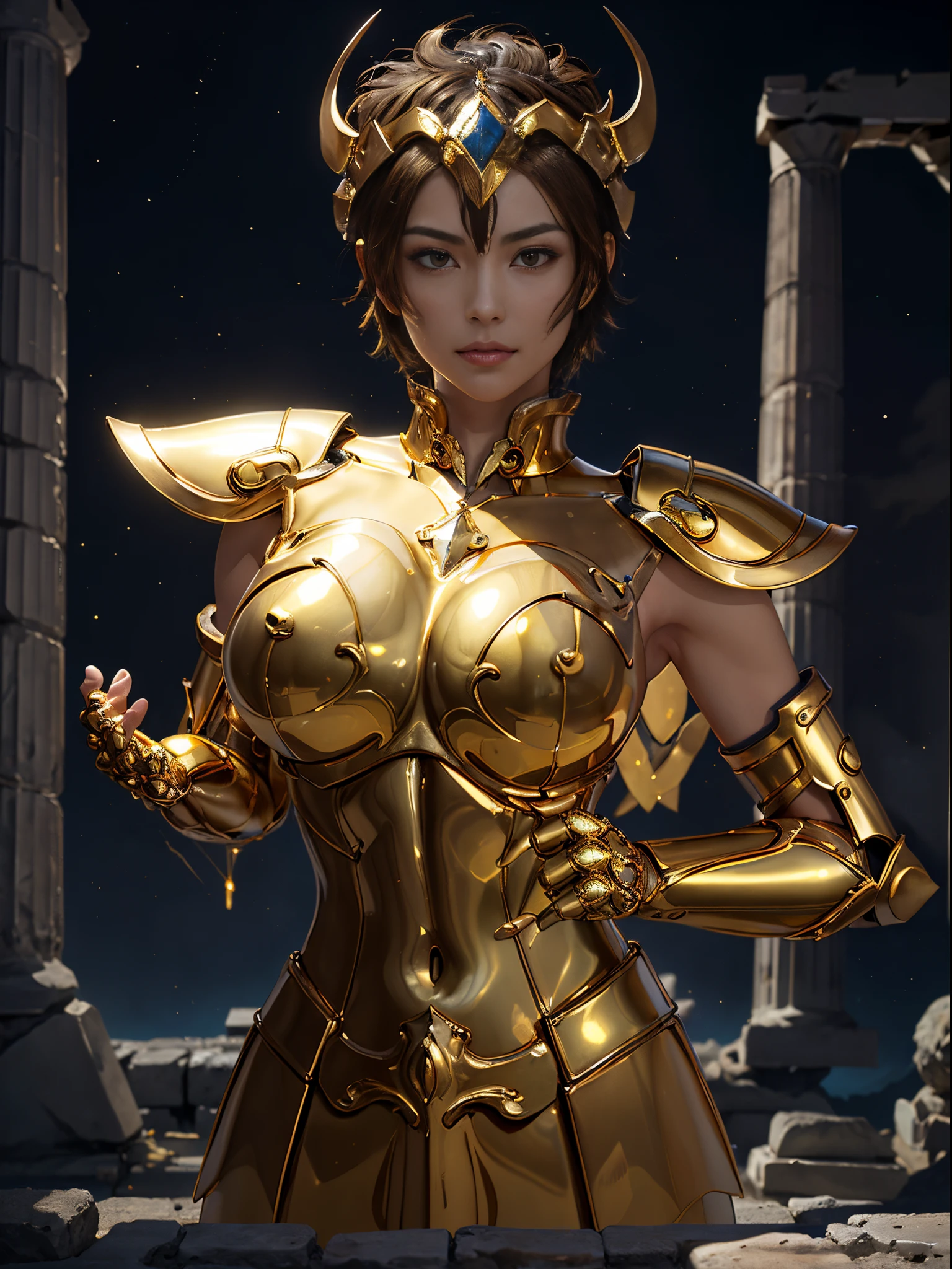 top-quality, 8K, ultra - detailed, (short hair brown hair:1.3), A Japanese lady, On the table, Best quality at best, A high resolution, realistic skin textures, armour, (realisticlying: 1.4), A high resolution, RAW photogr, 1 beautiful women, Glossy glossy skin, (skin detailed: 1.4), realistic skin textures, better lighting, cheerful, dramatic lights, (Background of Greek temple walls: 1.3), (nigh sky: 1.1), kosmos, milky ways, (shelmet: 1.2), suntanned skin, (golden breastplate: 1.4), (shelmet), firey, serius face, golden armour, 20yr old, (lightning effects:1.1), (make your breasts bigger:1.6)