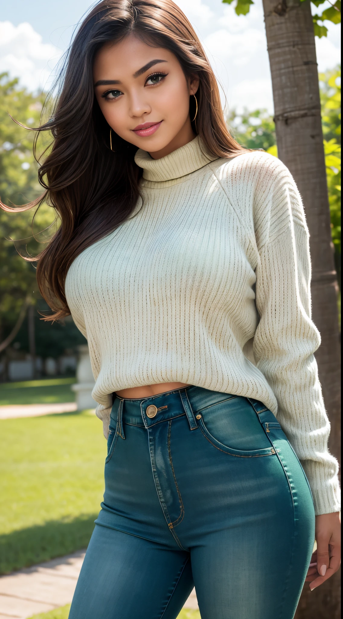 RAW, Best quality, high resolution, masterpiece: 1.3), beautiful Malay woman in hijap (iu:0.8),Masterpiece, Best quality, Ultra-detailed, Beautiful lighting, woman in hijap , Tight jeans,big hips, waist big, big round buttocks, big thighs, slim belly, beautiful body, big breast, (Green eyes:1.3), (White sweater:1.2), Turtleneck, The stands up, In Park, Beautiful scenery, Slight blush, Smiling, (Cute smile:1,1), (Glossy lips:1.1), (Beautiful eyes:1.1), wonderful backround, Closed mouth,