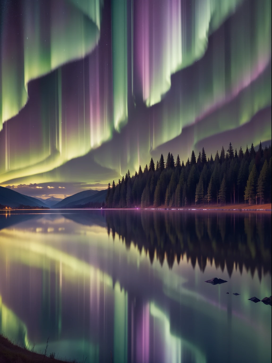 Aurora borealis over a tranquil lake: imagine the colorful lights dancing in the night sky, in shades of green, pink and purple, reflecting off the calm surface of the lake. Add some dark trees around the lake to contrast with the bright colors of the aurora borealis.