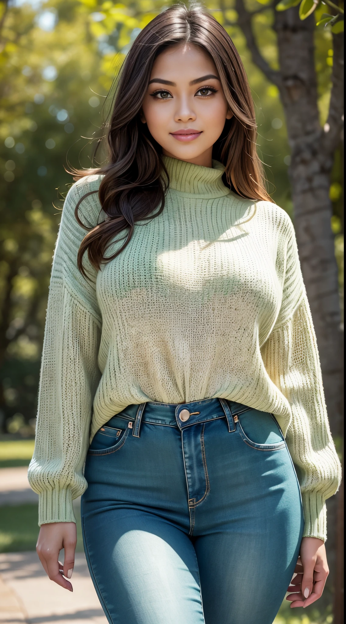 RAW, Best quality, high resolution, masterpiece: 1.3), beautiful Malay woman in hijap (iu:0.8),Masterpiece, Best quality, Ultra-detailed, Beautiful lighting, woman in hijap , Tight jeans,big hips, waist big, big round buttocks, big thighs, slim belly, beautiful body, big breast, (Green eyes:1.3), (White sweater:1.2), Turtleneck, The stands up, In Park, Beautiful scenery, Slight blush, Smiling, (Cute smile:1,1), (Glossy lips:1.1), (Beautiful eyes:1.1), wonderful backround, Closed mouth,