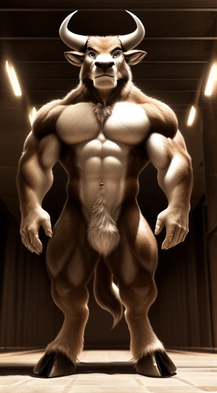 ((solo, full body perspective, chest level shot, standing, calm expression, anthro, looking at viewer)), male, ((bull-face, detailed fluffy fur, extremely detailed, medium-length horns, muscled body, hooves, two-tone fur, brown and white furred body)), grey eyes, high contrast, dynamic composition, high resolution, (five fingers)