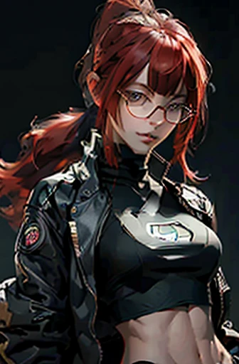1nerdy girl with glasses, 28yo, Pia bangs hairstyle, (fringe cut bangs hairstyle), (The forehead is hidden by bangs), (((red hair))), ((boyish)), ((pony tail)), asymmetrical hair, (((black-rimmed round glasses))), ((beautifully detailed face)), long eyelashes, (Beautiful detailed eyes), (sharp eyes), Bright pupils, (Blue eyes), Fine eye makeup, (evil Smile), ((black frame glasses)), cyberpunk style, long black open jacket, street fashion, sport pants, (Solo), (Suggestive Pose), (cinematic angle), Full Body Shot, perfect anatomy, slender, small bust, cleavage, abs, (thin waist), muscular body, collarbone, (high detailed skin), ((top-quality)), ((High Definition)), ((beautiful detailed)), high quality shadow, Rule of thirds, mostly cloudy sky, ((official art)), anatomically correct, (((Best Quality))), (((masterpiece))), (((Super Detail)))