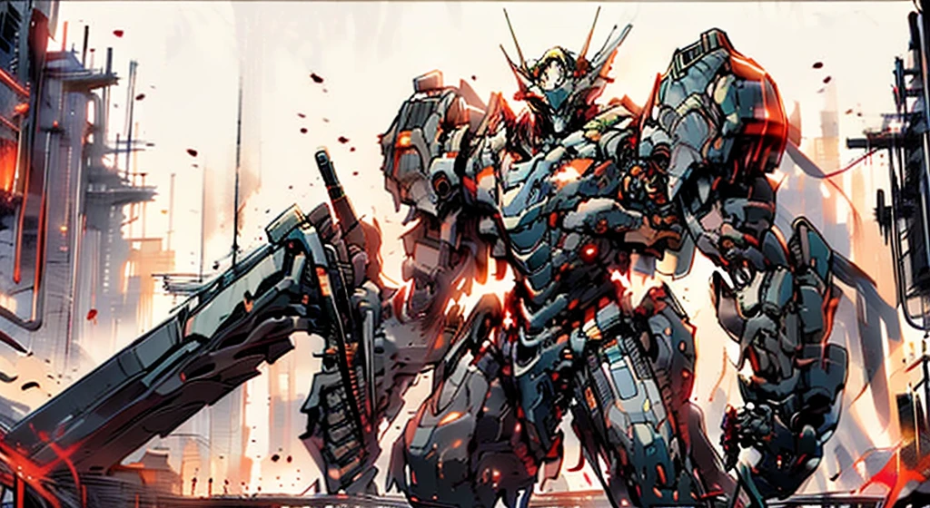 (scenery),(2 mecha army leaders standing on the bridge),(below is the mecha army),(in the city)