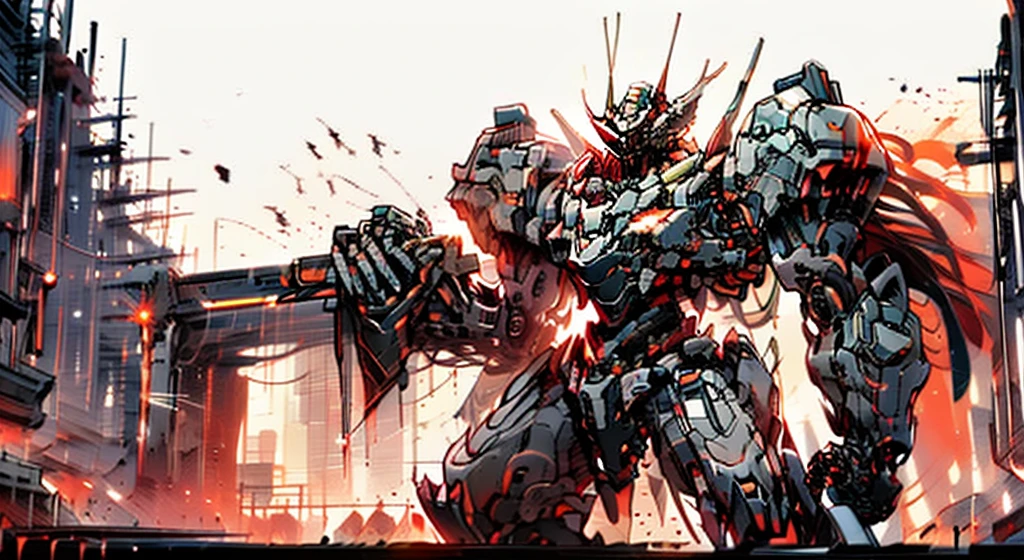 (scenery),(2 mecha army leaders standing on the bridge),(below is the mecha army),(in the city)