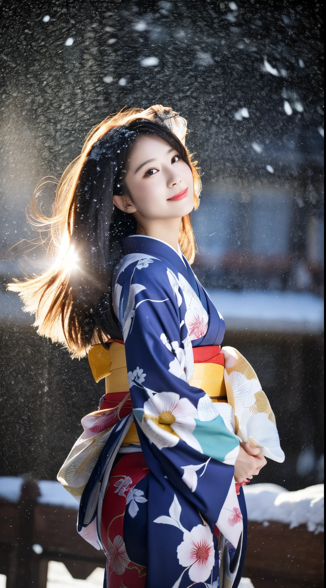 ((Kimono))、(full body Esbian)、(top-quality,​masterpiece:1.3,超A high resolution,),(ultra-detailliert,Caustics),(Photorealsitic:1.4,RAW shooting,)Ultra-realistic capture,A highly detailed、 Skin texture is natural、25-years old、The skin looks healthy with an even tone、 Use natural light and color、One Woman,japanes、A dark-haired,Middle hair,、(Falling snow:1.1)、(Hair swaying in the wind:1.3)、(Snow reflects light)、Light in the eyes、Looking at the camera