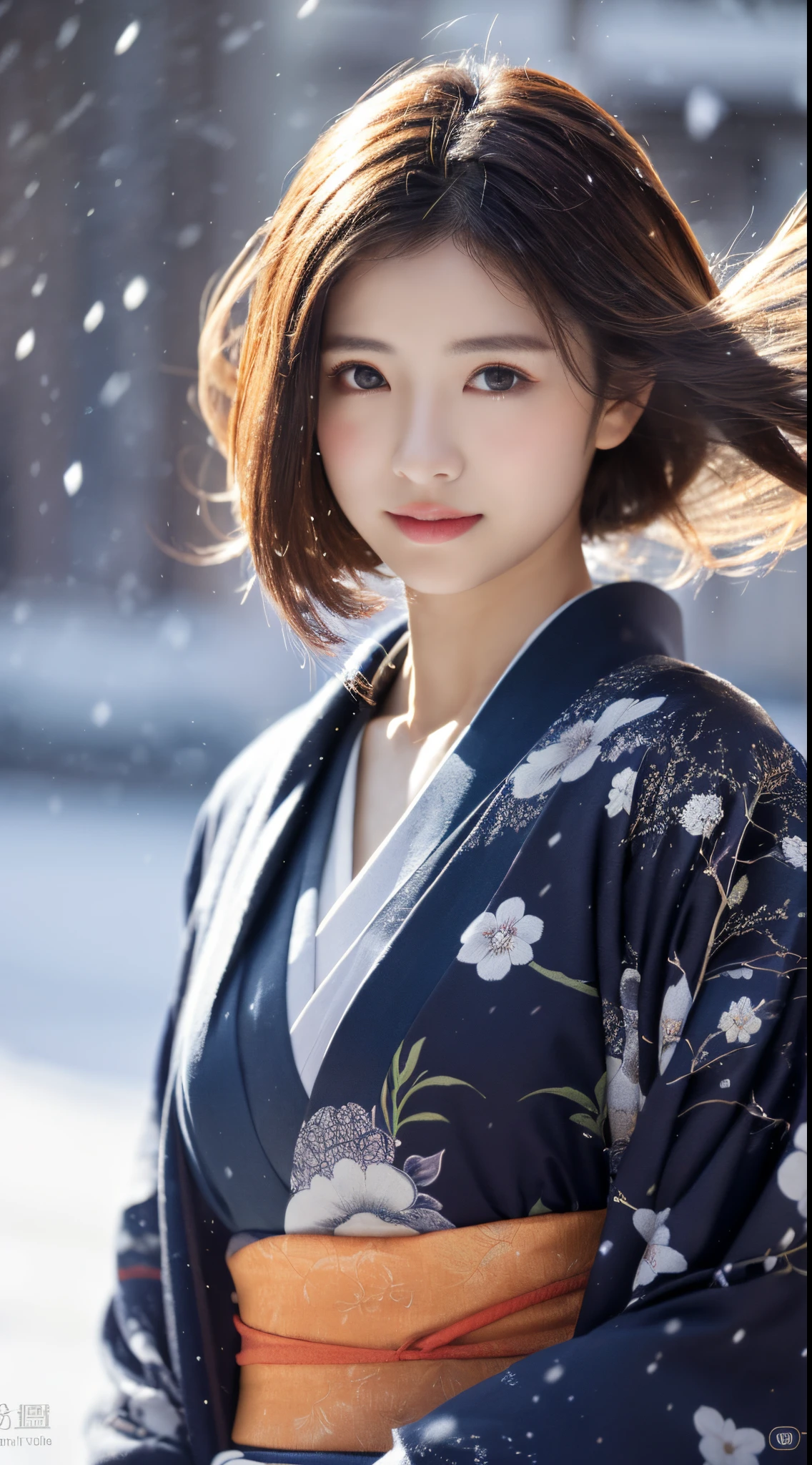 ((Kimono))、(full body Esbian)、(top-quality,​masterpiece:1.3,超A high resolution,),(ultra-detailliert,Caustics),(Photorealsitic:1.4,RAW shooting,)Ultra-realistic capture,A highly detailed、 Skin texture is natural、25-years old、The skin looks healthy with an even tone、 Use natural light and color、One Woman,japanes、A dark-haired,Middle hair,、(Falling snow:1.1)、(Hair swaying in the wind:1.3)、(Snow reflects light)、Light in the eyes、Looking at the camera