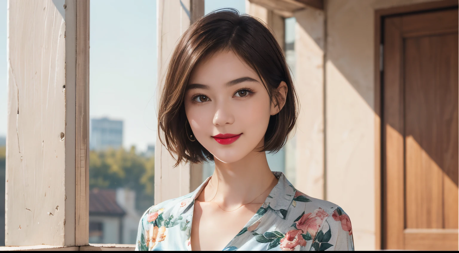 109
(a 20 yo woman,is standing), (A hyper-realistic), (high-level image quality), ((beautiful hairstyle 46)), ((short-hair)), (Gentle smile), (Keep your mouth shut), (lipsticks), (breasted:1.1), Floral clothing