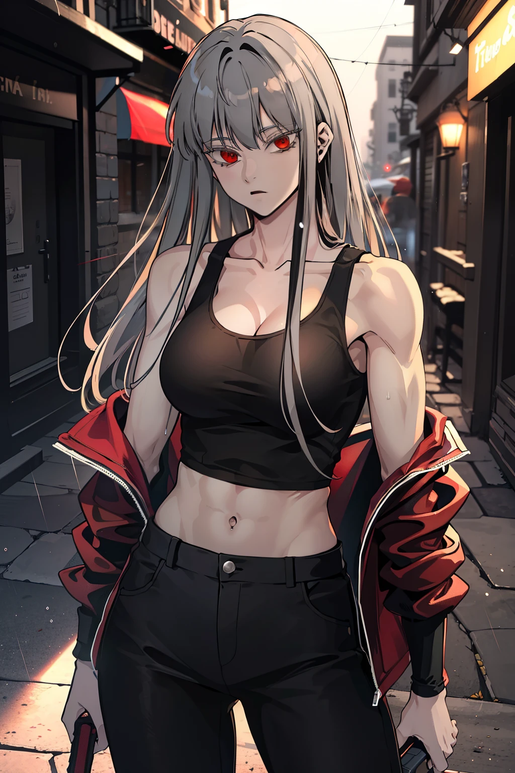 (8k, best quality, masterpiece: 1.2), (best quality: 1.0), (ultra-high resolution: 1.0), Anime girl, long grey hair, in a black tank top that is quite tight, long black pants that fit well on her, loose thin red jacket, crimson red eyes, fierce look, semi-muscular build, tall and mature, holding a short dagger stained with blood, good anatomy, good hands, in a dark alley in a rainy night, ihwa from herokiller