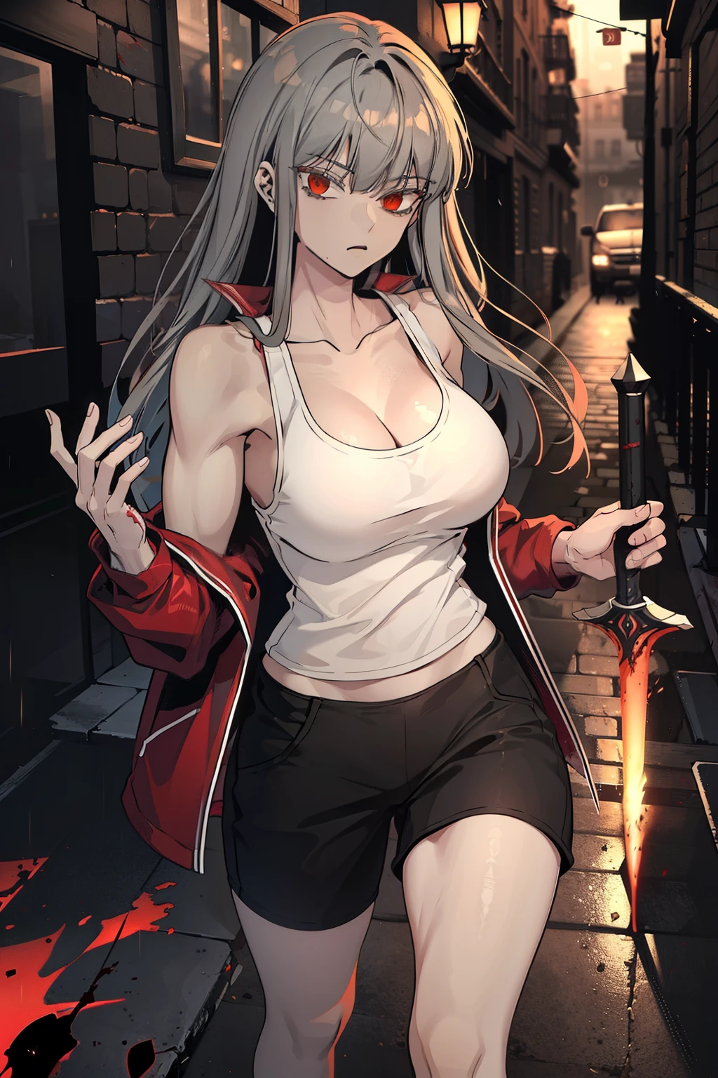 (8k, best quality, masterpiece: 1.2), (best quality: 1.0), (ultra-high resolution: 1.0), Anime girl, long grey hair, in a black tank top that is quite tight, long black pants that fit well on her, loose thin red jacket, crimson red eyes, fierce look, semi-muscular build, tall and mature, holding a short dagger stained with blood, good anatomy, good hands, in a dark alley in a rainy night, ihwa from herokiller