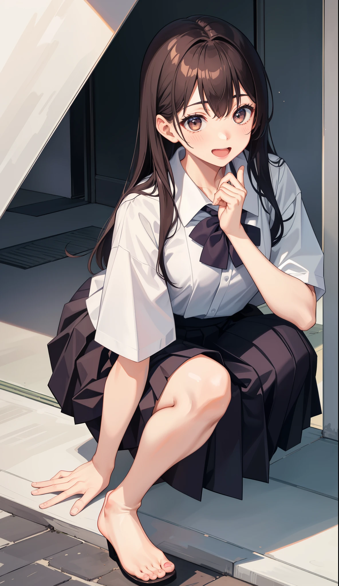 1girl in、A smile、A delightful! The shirt、pleatedskirt、White skirt、(small tits)Squatting panchira、