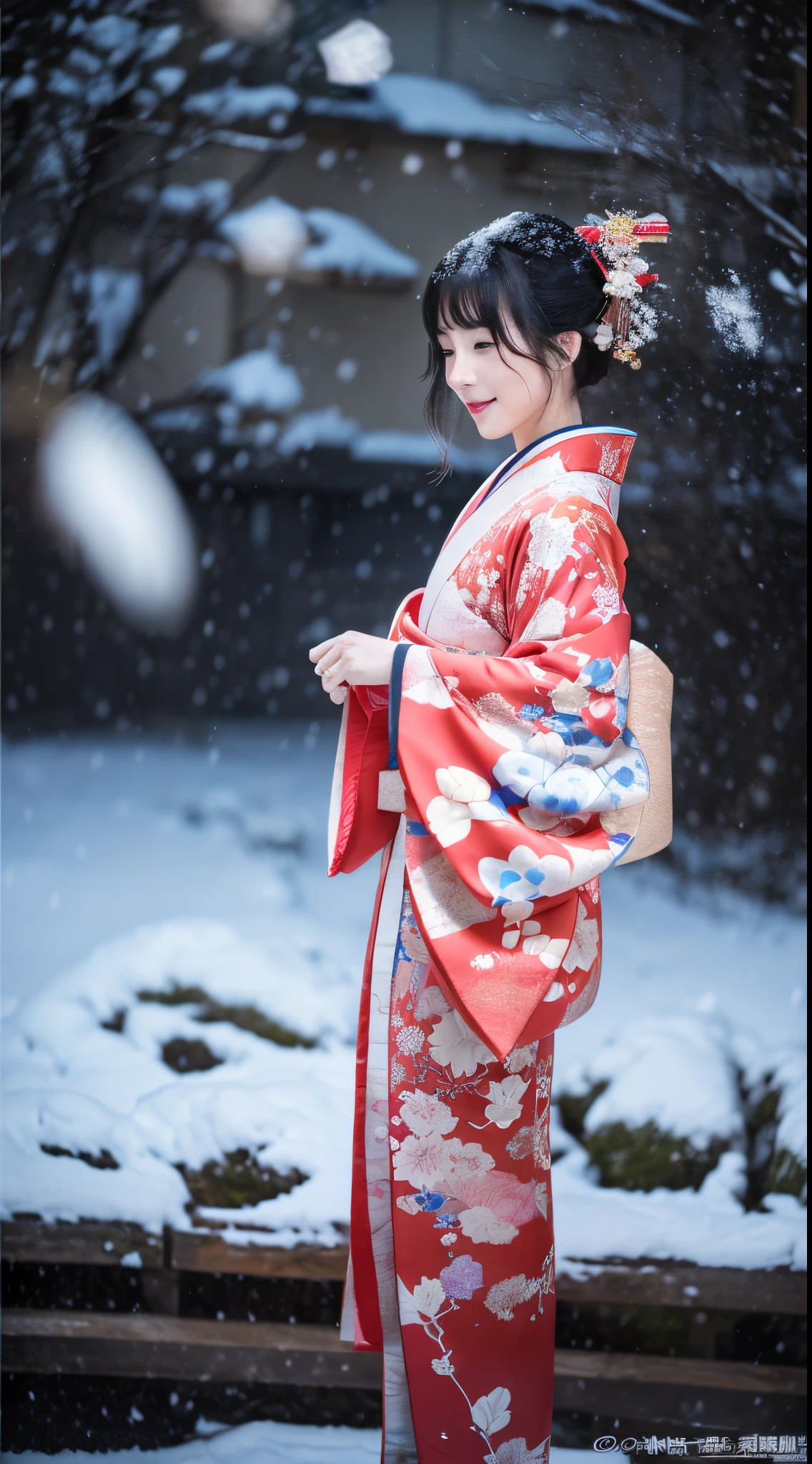 ((Kimono))、(full body Esbian)、(top-quality,​masterpiece:1.3,超A high resolution,),(ultra-detailliert,Caustics),(Photorealsitic:1.4,RAW shooting,)Ultra-realistic capture,A highly detailed、 Skin texture is natural、25-years old、The skin looks healthy with an even tone、 Use natural light and color、One Woman,japanes、A dark-haired,Middle hair,、(Falling snow:1.1)、(Hair swaying in the wind:1.3)、(Snow reflects light)、Light in the eyes、Looking at the camera