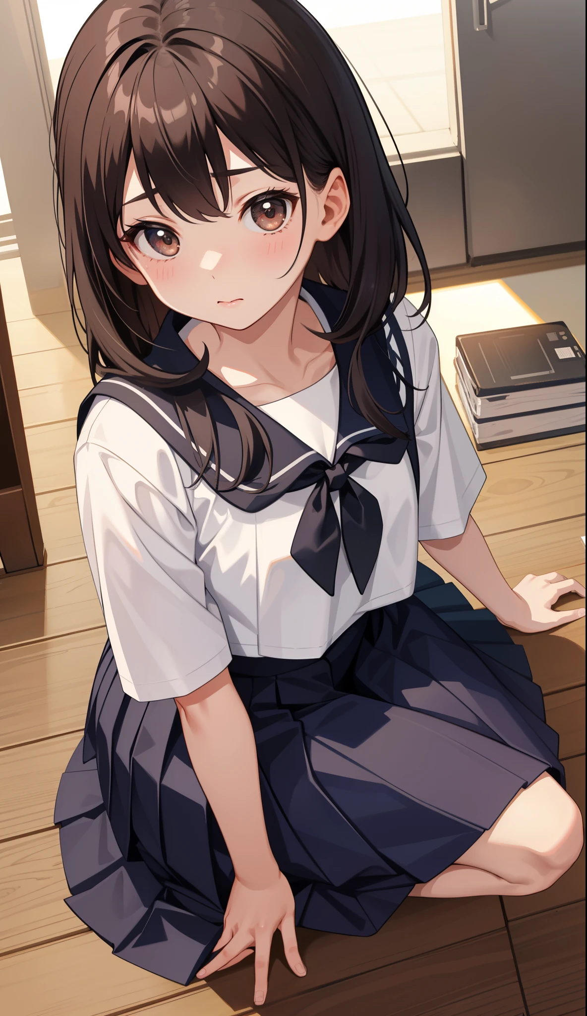 beautiful illustrations, highest quality, pretty girl,beautiful girl、clear face、 half girl、pastel colour ,black hair、black eyes、smile、blush、にこやかなsmile、thighs、uniform、sailor suit、Bedroom、on the bed、スカートをめくってpantsを見せる、between legs、pants