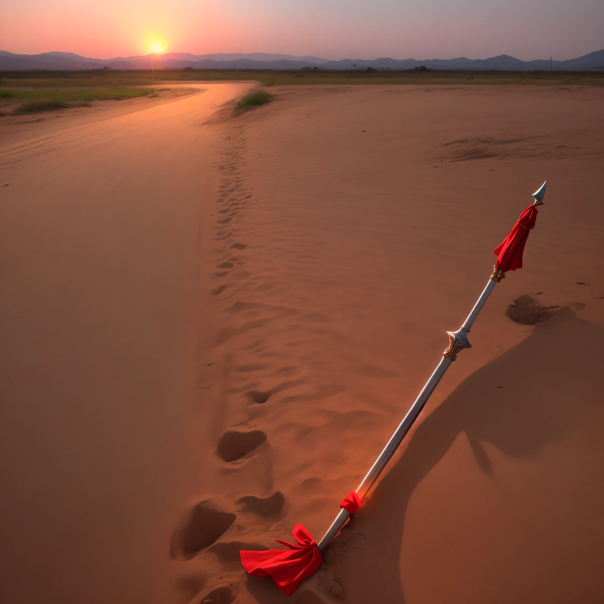 A spear is stuck in the ground with the sunset in the background。A red cloth is tied to the spear.。