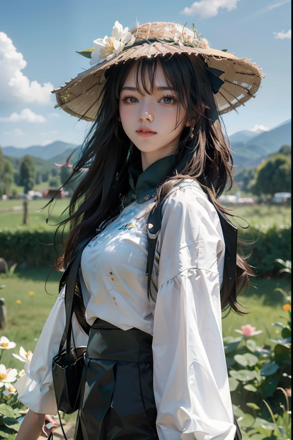 《genshin impact》hu tao, white backgrounid, leisure wear, Casual T-shirt, Cute pose, large grassland, Beautiful woman in a sun hat standing on the prairie, large clouds, blue-sky, lucca, at a forest, hillside, secluded, tourist attraction, High definition details, hyper-detailing, Cinematic, ultra-realistic realism, gentlesoftlighting, Deep field focus bokeh, Ray tracing and surrealism. --v6