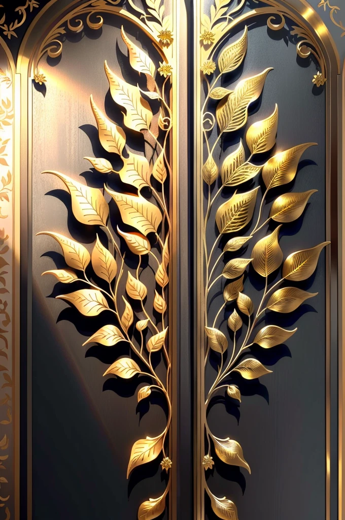 There is a metal wall sculpture,It has flowers and leaves on it, Decorative style, Fine detail gold brushstrokes, metal art, Gold and steel are complicated, Ultra-fine line decoration, with intricate detail, with intricate detail, sun light, be full of details, Wall of art, Stunningly detailed, Intricate art deco leaf design, gold flowers, metalworking, with intricate detail