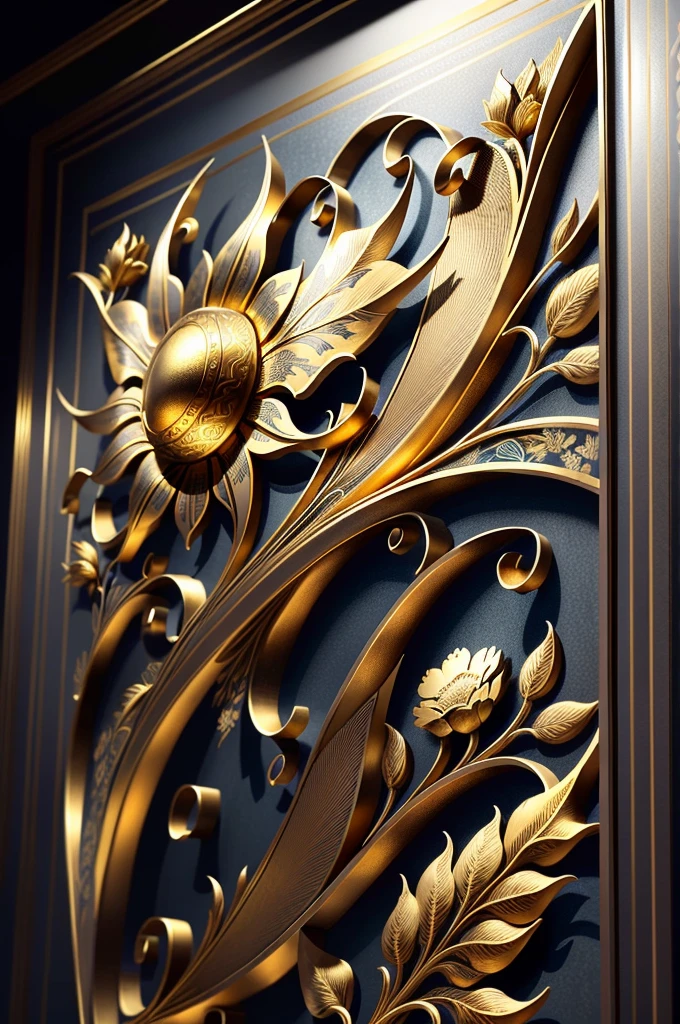 There is a metal wall sculpture，It has flowers and leaves on it, Decorative style, Fine detail gold brushstrokes, metal art, Gold and steel are complicated, Ultra-fine line decoration, with intricate detail, with intricate detail, sun light, be full of details, Wall of art, Stunningly detailed, Intricate art deco leaf design, gold flowers, metalworking, with intricate detail