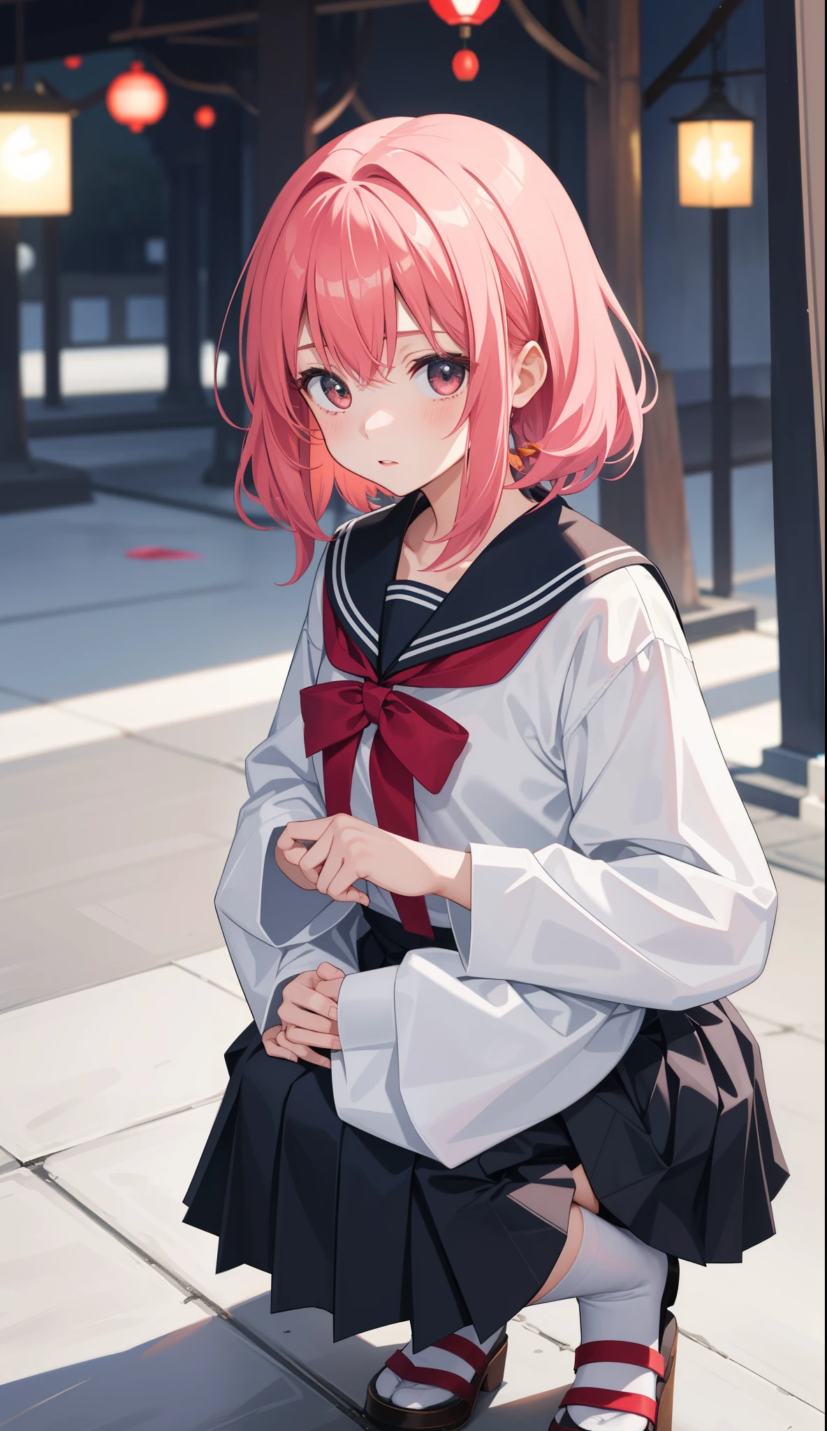 1girl in、AS-Adult、、The shirt、skirt by the、(small tits)Japan High School、校服、serafuku、crouching down、Panchira、Upper body portrait、