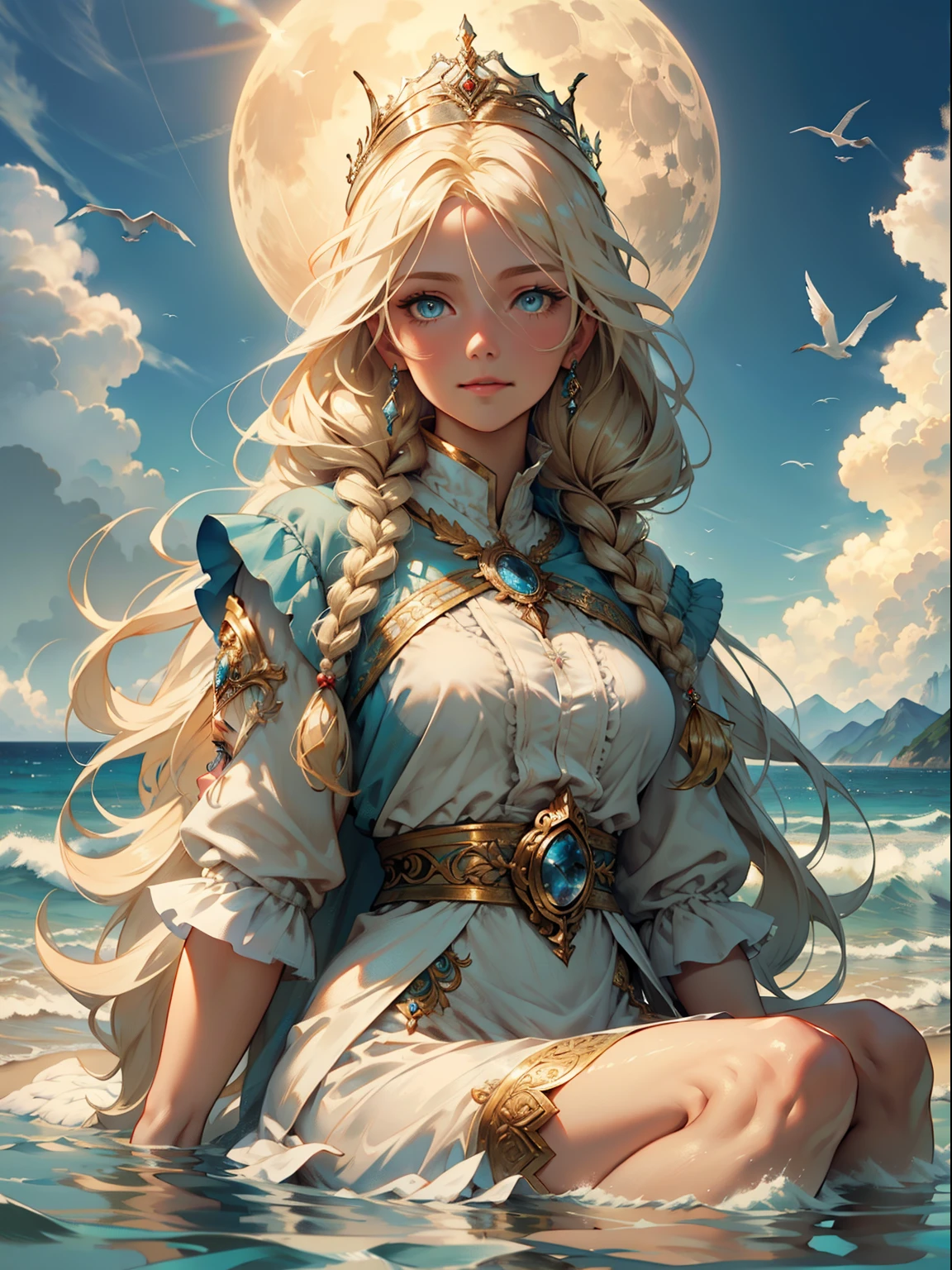 ,((Best quality at best))),8K,((tmasterpiece)),(Extremely Delicately Beautiful), There was a girl coming out of the sea, Swan princess in Russian mythology, beautiful calm face, eBlue eyes, Long blonde hair braided, Moon braid on back of head, Russian shiny white old clothes,Wearing the Kokosnik Crown, Affectionate look, semi smile, There is a gentle expression on his face, Seascape and sunlight in the background, Seagulls in the sky, whole-length, Endless realism