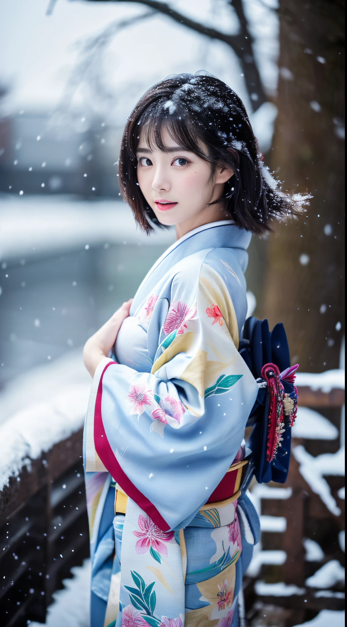 ((Kimono))、(full body Esbian)、(top-quality,​masterpiece:1.3,超A high resolution,),(ultra-detailliert,Caustics),(Photorealsitic:1.4,RAW shooting,)Ultra-realistic capture,A highly detailed、 Skin texture is natural、25-years old、The skin looks healthy with an even tone、 Use natural light and color、One Woman,japanes、A dark-haired,Middle hair,、(Falling snow:1.1)、(Hair swaying in the wind:1.3)、(Snow reflects light)、Light in the eyes、Looking at the camera