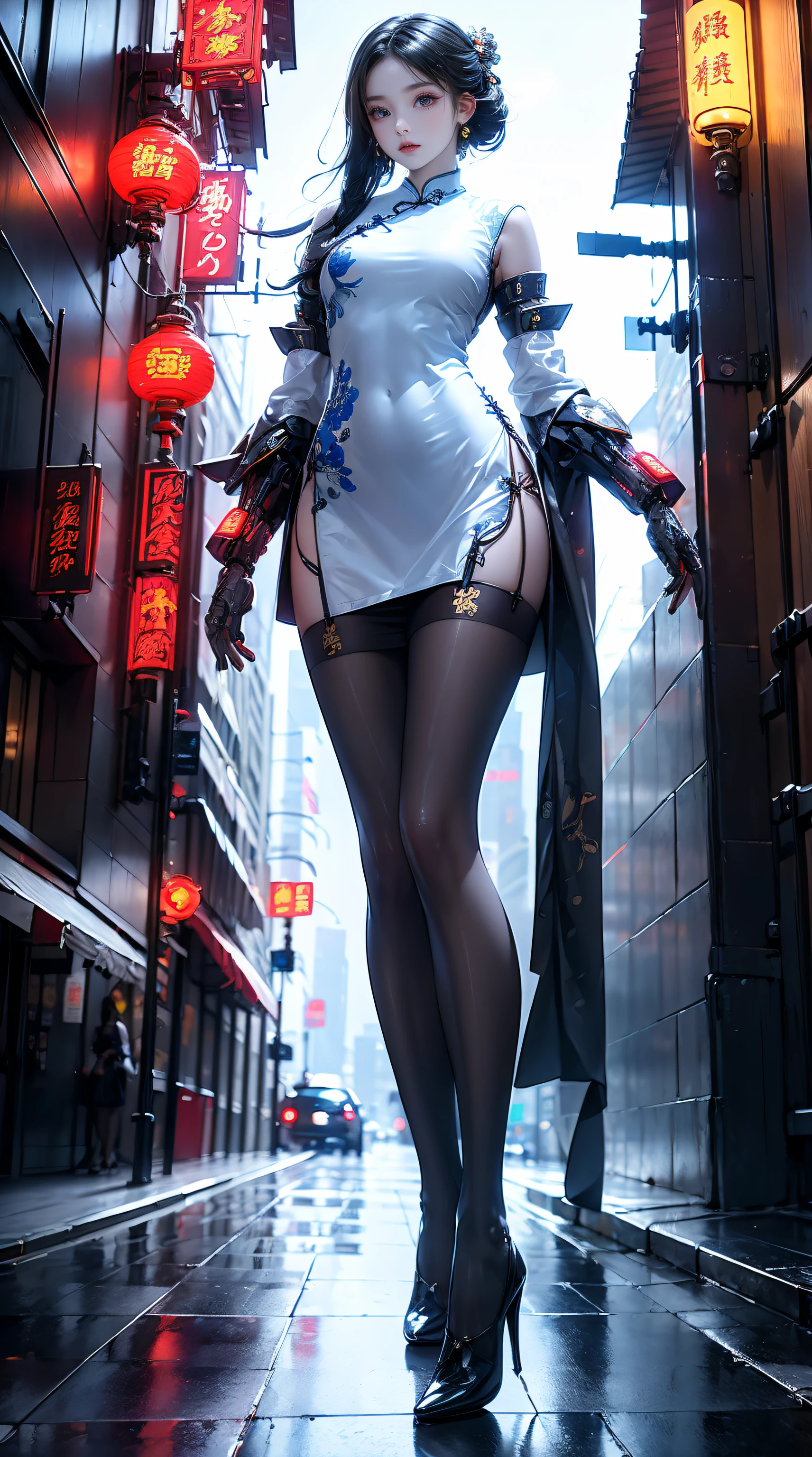 tmasterpiece,Best quality at best,A high resolution, 1 plump girl,from below,(The legs are very thin and straight),,(The legs are long,Straight legs),,high-heels,long leges,The stands up, Leg length when viewed from the front, perfect body figure,Have perfect legs,cyber punk personage,dynamicposes,1 plump girl,Elaborate Eyes,Brown eyes,eye shadows,putting makeup on,Long gray hair, Detailed faces, A detailed eye, looking at viewert, blush blush, full pouty lips, Redlip,(Long gray hair:1.3), (The stands up)Mechanically static,Mechanical summoning,(hair adornments:1.1),Hats,((((White cheongsam)))),(blackstockings,pantyhose garters),城市,Luminescent windings,glowing butterflies,Cyberpunk lights:1.1),neonlight,Fully mechanical and futuristic elements,technologies,The background is a traditional Chinese street,china city, the street, sky sky, cyber punk personage, paper lanterns, Neon Super Resolution,(真实感:1.3),1(Slim:1.2),dramatic lights,vibrant detail,Luxury cyberpunk,the complex background,Rendered by Octane,