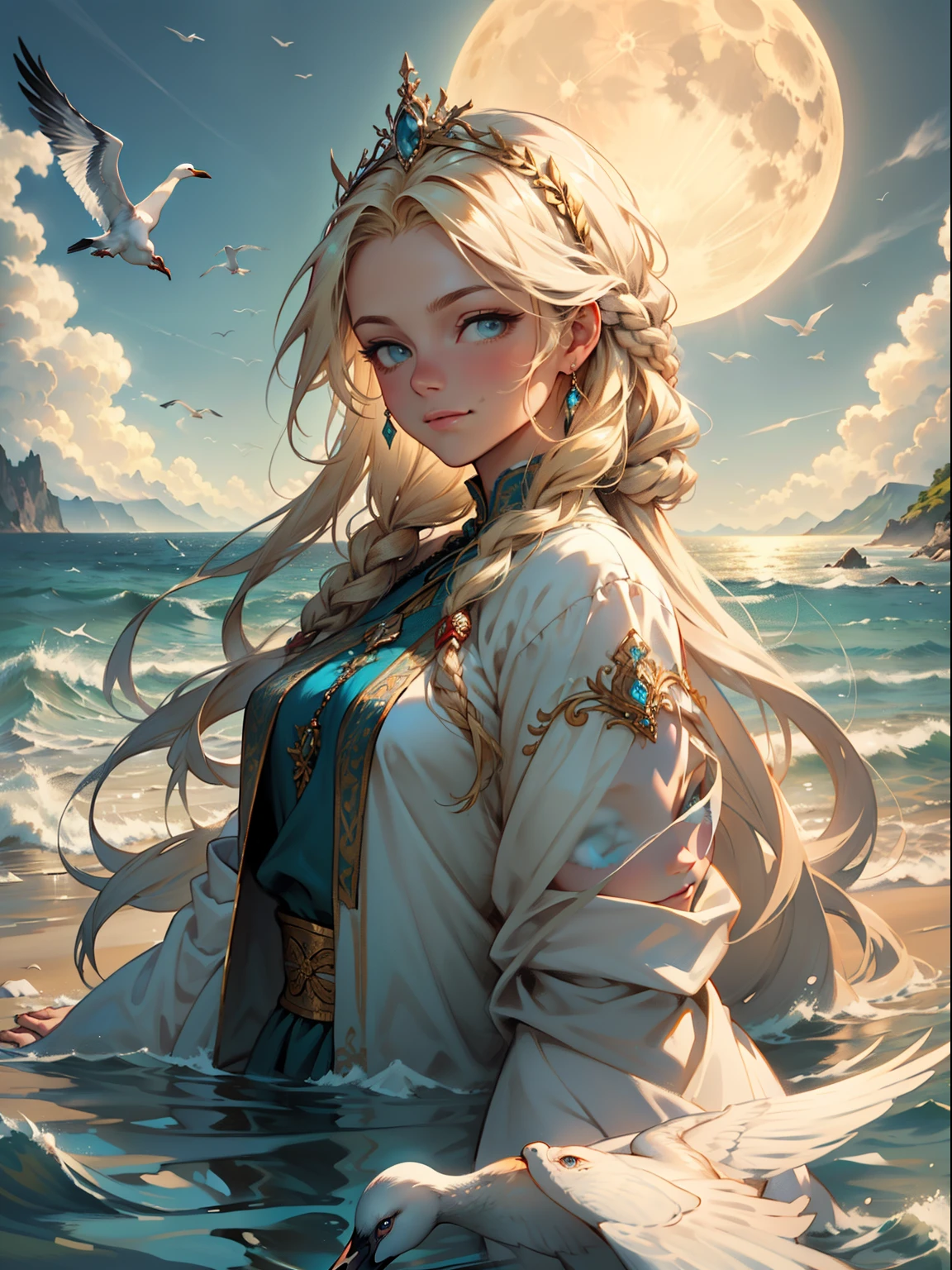 ,((Best quality at best))),8K,((tmasterpiece)),(Extremely Delicately Beautiful), There was a girl coming out of the sea, Swan princess in Russian mythology, beautiful calm face, eBlue eyes, Long blonde hair braided, Moon braid on back of head, Russian shiny white old clothes,Wearing the Kokosnik Crown, Affectionate look, semi smile, There is a gentle expression on his face, Seascape and sunlight in the background, Seagulls in the sky, whole-length, Endless realism