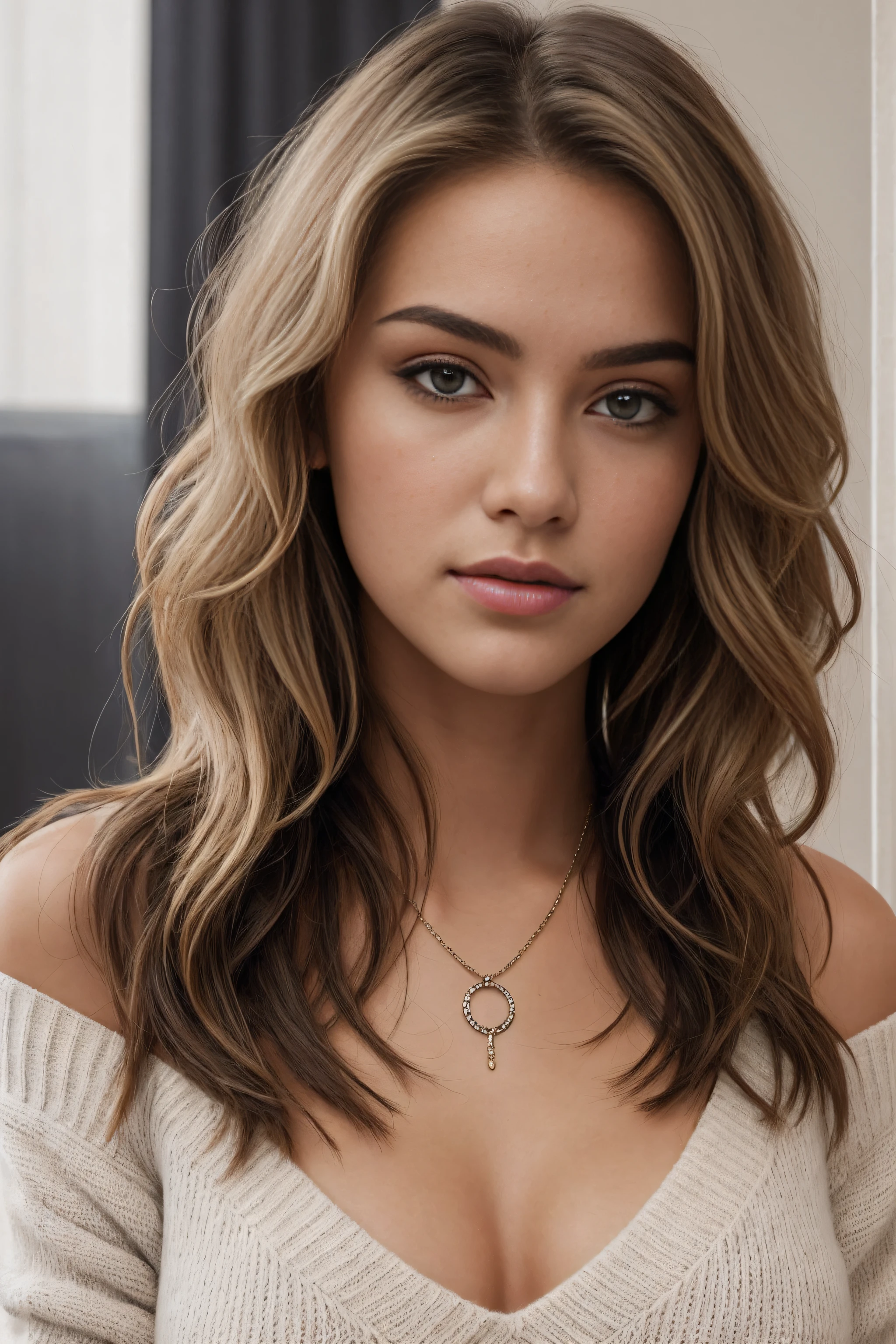 1girl 18 year old, solo, long hair, big breasts, looking at viewer, bare shoulders, brown eyes, jewelry, full body, necklace, off shoulder, sweater, lips, realistic, nose, flirting with camera, sexy, realistic, high detail, 4k photo, high detail, club, sexy perfect anatomy, perfect symmetry, soft lights, wavy blonde hair