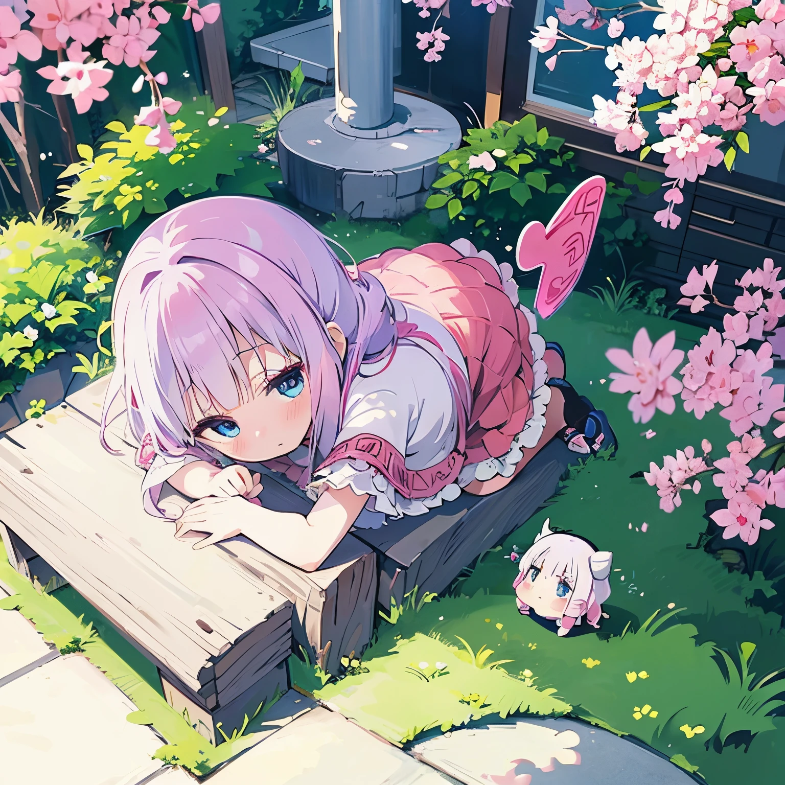 highest resolution, distinct_image), masterpiece, anime, girl, kid, chibi, cute, kanna Kamui, miss Kobayashi's dragon, white hair, pink hair, purple hair, blue eyes, garden , fan art, draw