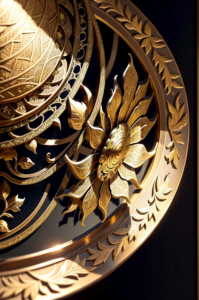 Metal crafts,There is a metal sculpture,Table ornaments,It has flowers and leaves on it, Decorative style, Fine detail gold brushstrokes, metal art, Gold and steel are complicated, Ultra-fine line decoration, with intricate detail, with intricate detail, sun light, be full of details, Wall of art, Stunningly detailed, Intricate art deco leaf design, gold flowers, metalworking, with intricate detail
