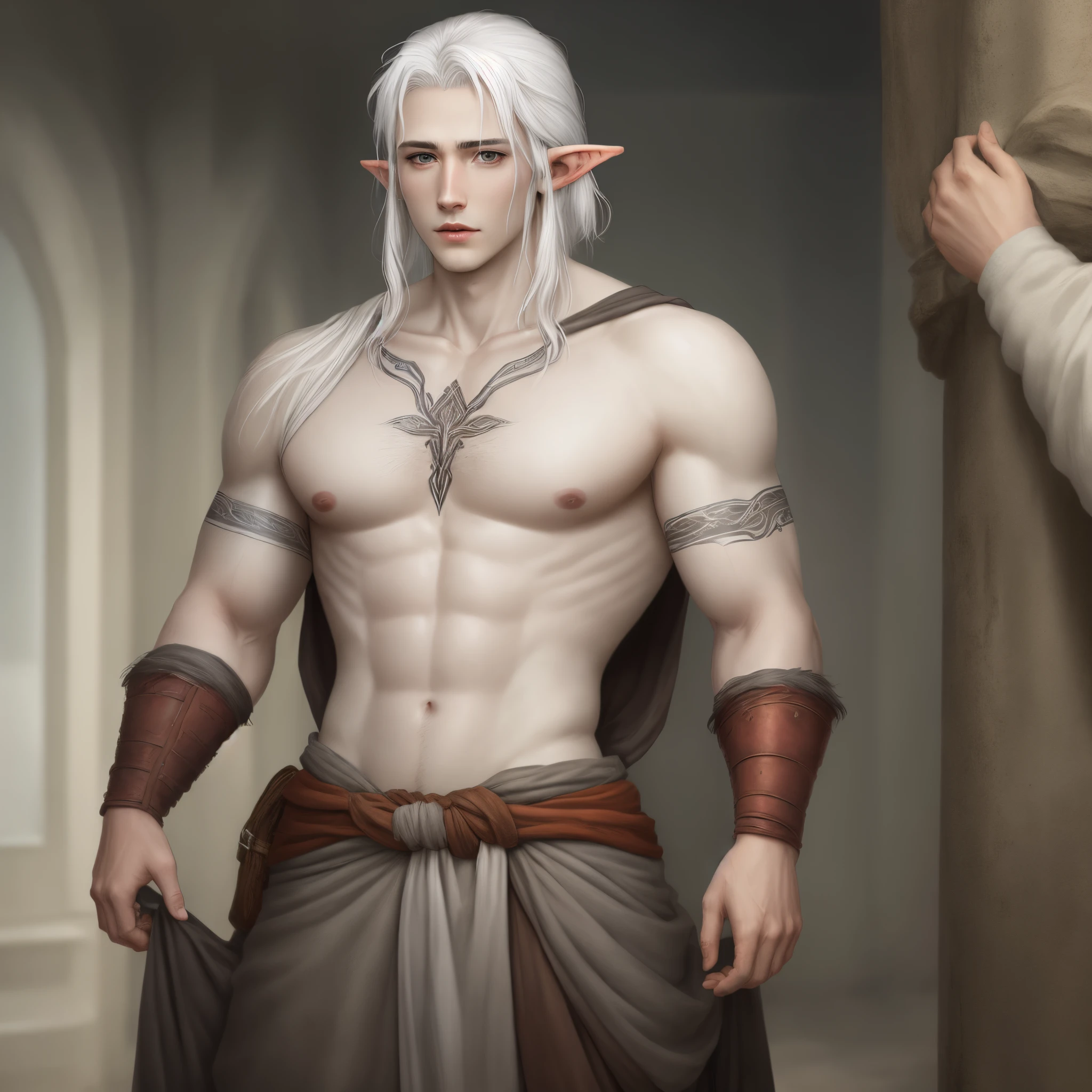 Grey skin, elvish, male, white hair, sickly