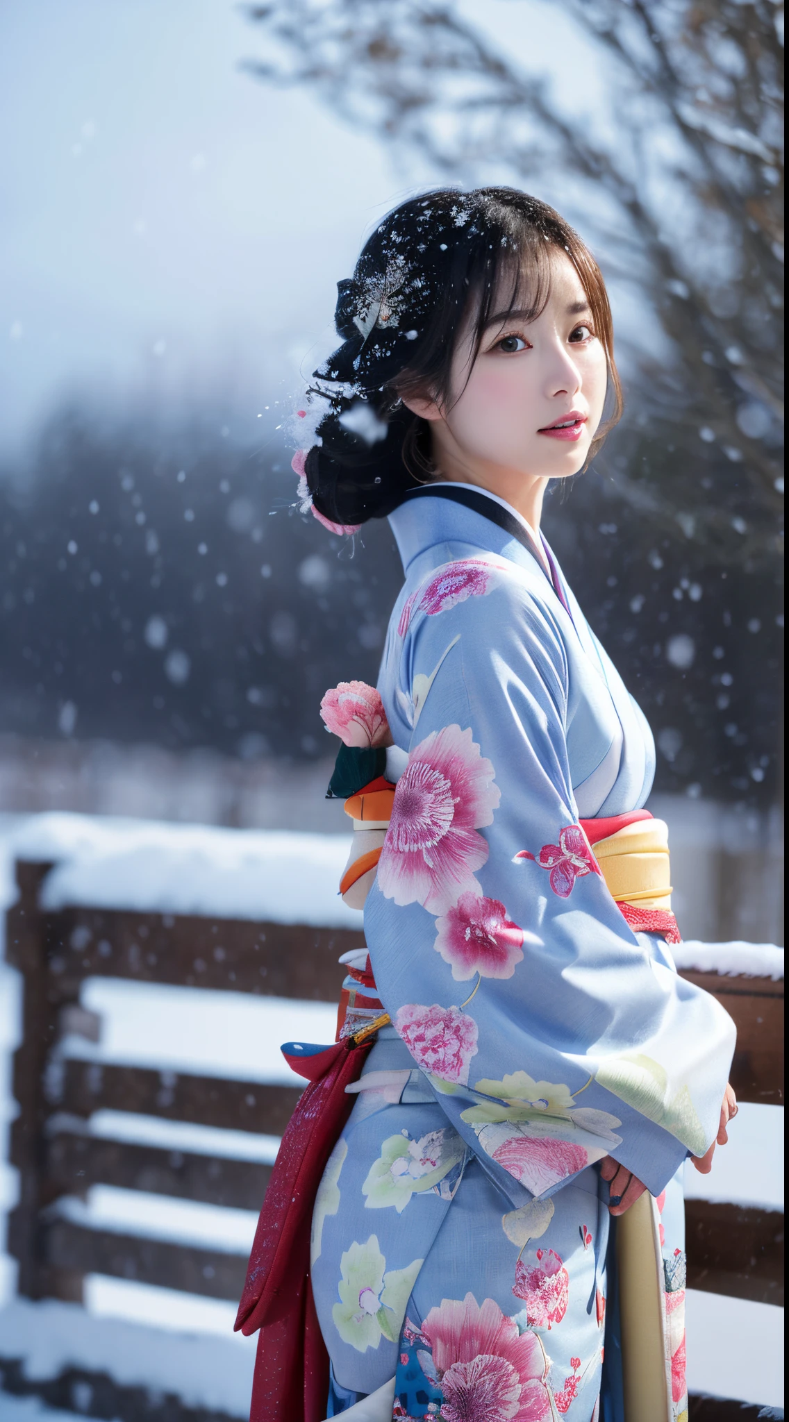 ((Kimono))、(full body Esbian)、(top-quality,​masterpiece:1.3,超A high resolution,),(ultra-detailliert,Caustics),(Photorealsitic:1.4,RAW shooting,)Ultra-realistic capture,A highly detailed、 Skin texture is natural、25-years old、The skin looks healthy with an even tone、 Use natural light and color、One Woman,japanes、A dark-haired,Middle hair,、(Falling snow:1.1)、(Hair swaying in the wind:1.3)、(Snow reflects light)、Light in the eyes、Looking at the camera