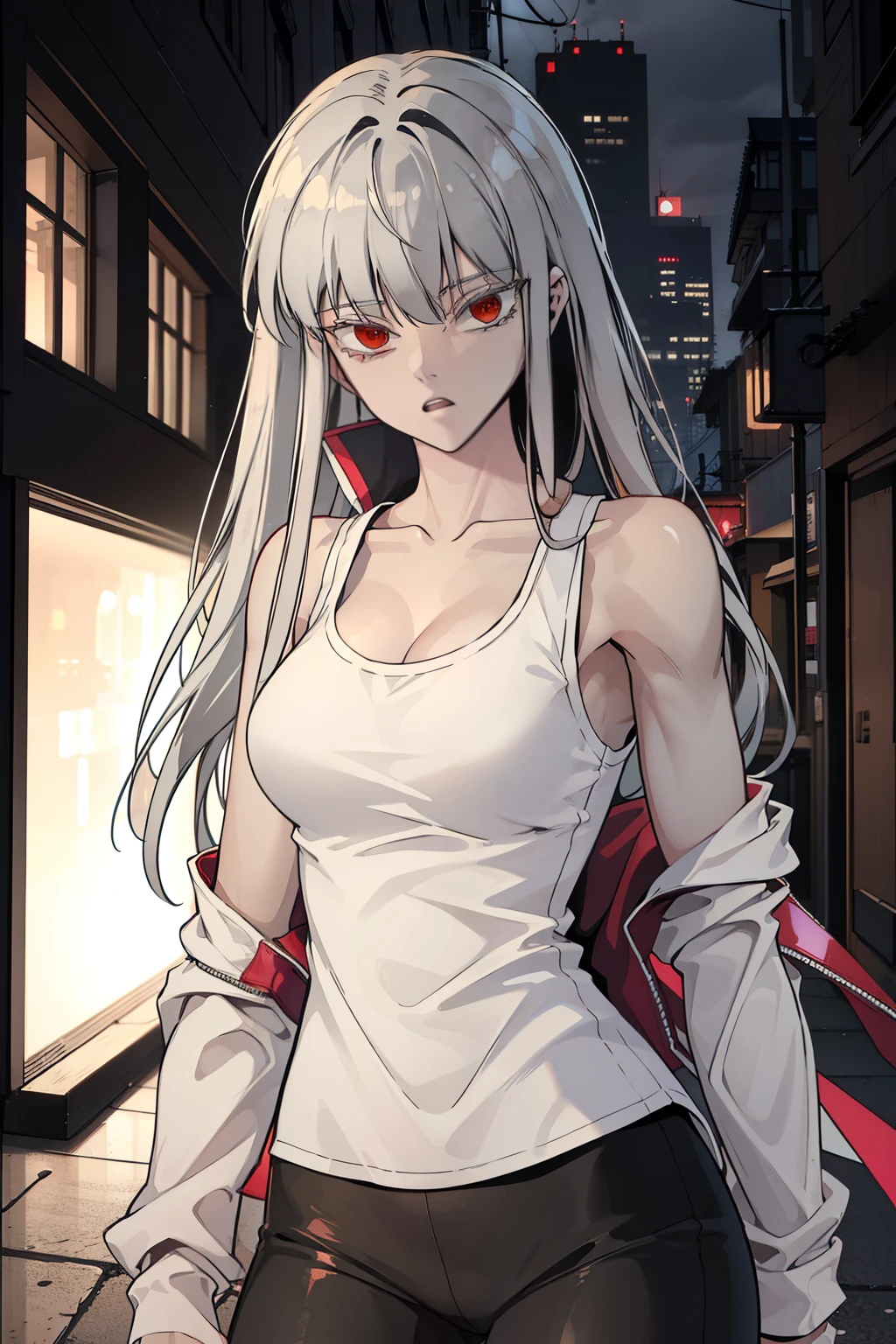 (8k, best quality, masterpiece: 1.2), (best quality: 1.0), (ultra-high resolution: 1.0), Anime girl, long grey hair, in a white tank top that is quite tight, long skintight white pants, loose thin pastel pink jacket, crimson red eyes, fierce look, athletic build, tall and mature, tying her hair, good anatomy, good hands, in a dark alley in a rainy night, ihwa from herokiller