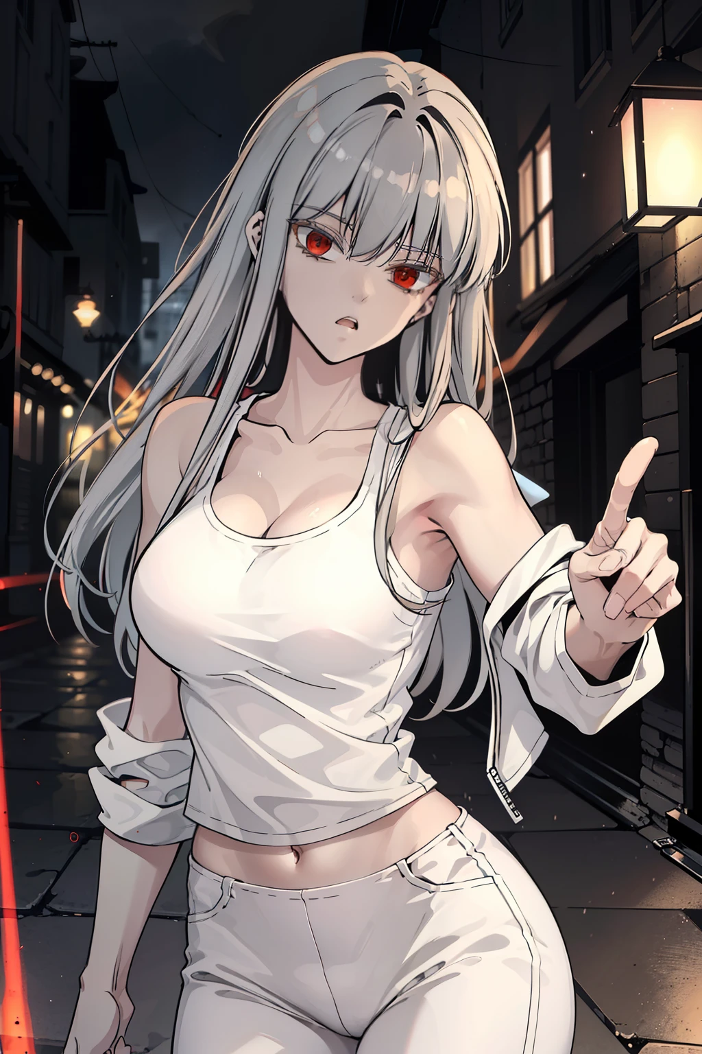 (8k, best quality, masterpiece: 1.2), (best quality: 1.0), (ultra-high resolution: 1.0), Anime girl, long grey hair, in a white tank top that is quite tight, long skintight white pants, loose thin pastel pink jacket, crimson red eyes, fierce look, athletic build, tall and mature, tying her hair, good anatomy, good hands, in a dark alley in a rainy night, ihwa from herokiller