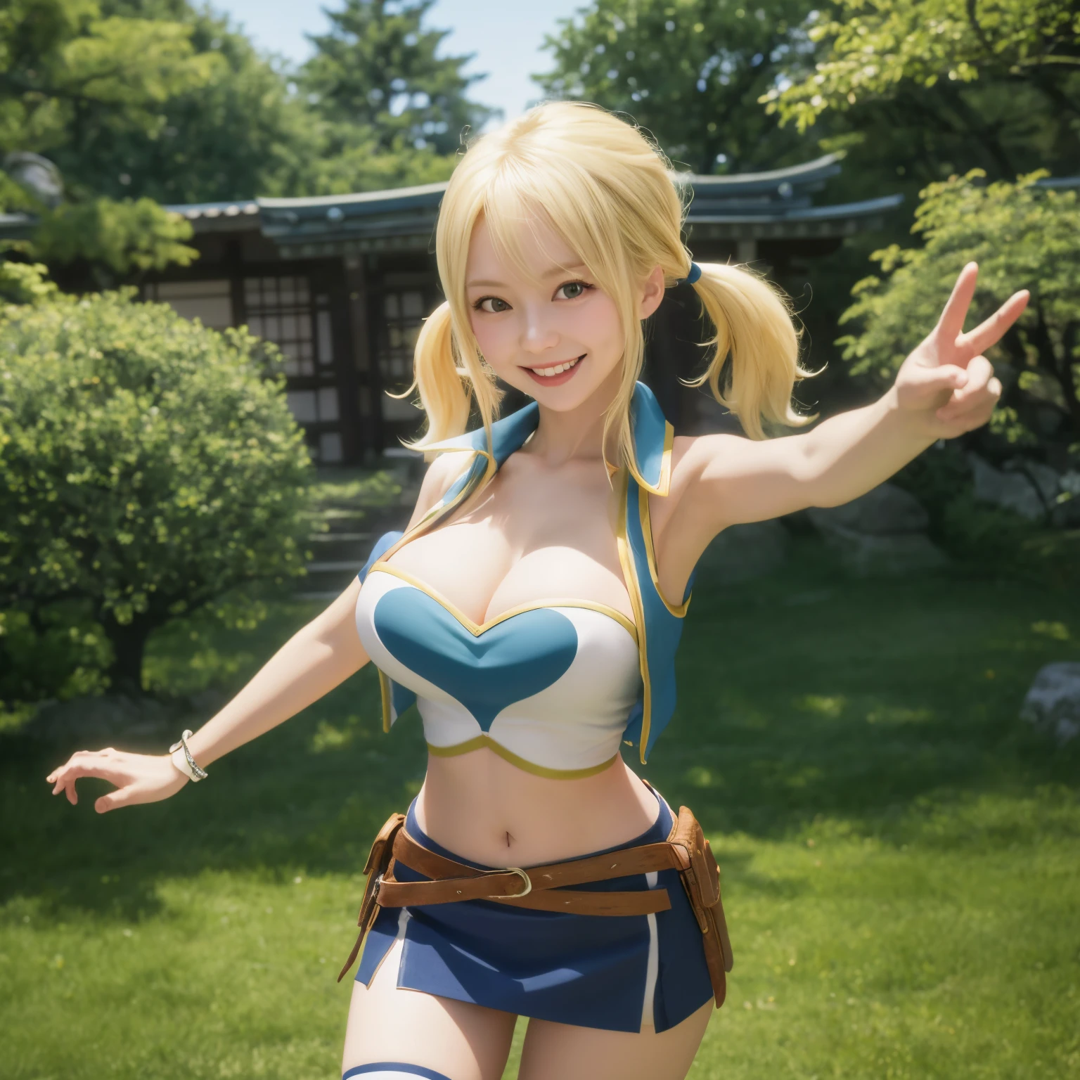 top-quality, 8K, ultra-detailliert, Photorealsitic, ​masterpiece, top-quality, hight resolution, Lucy Heartphilia, blonde  hair, length hair, large full breasts, white  shirt, Sleeveless, a belt, a blue skirt, looking at the viewers, A smile, open open mouth, free pose, japanes, 