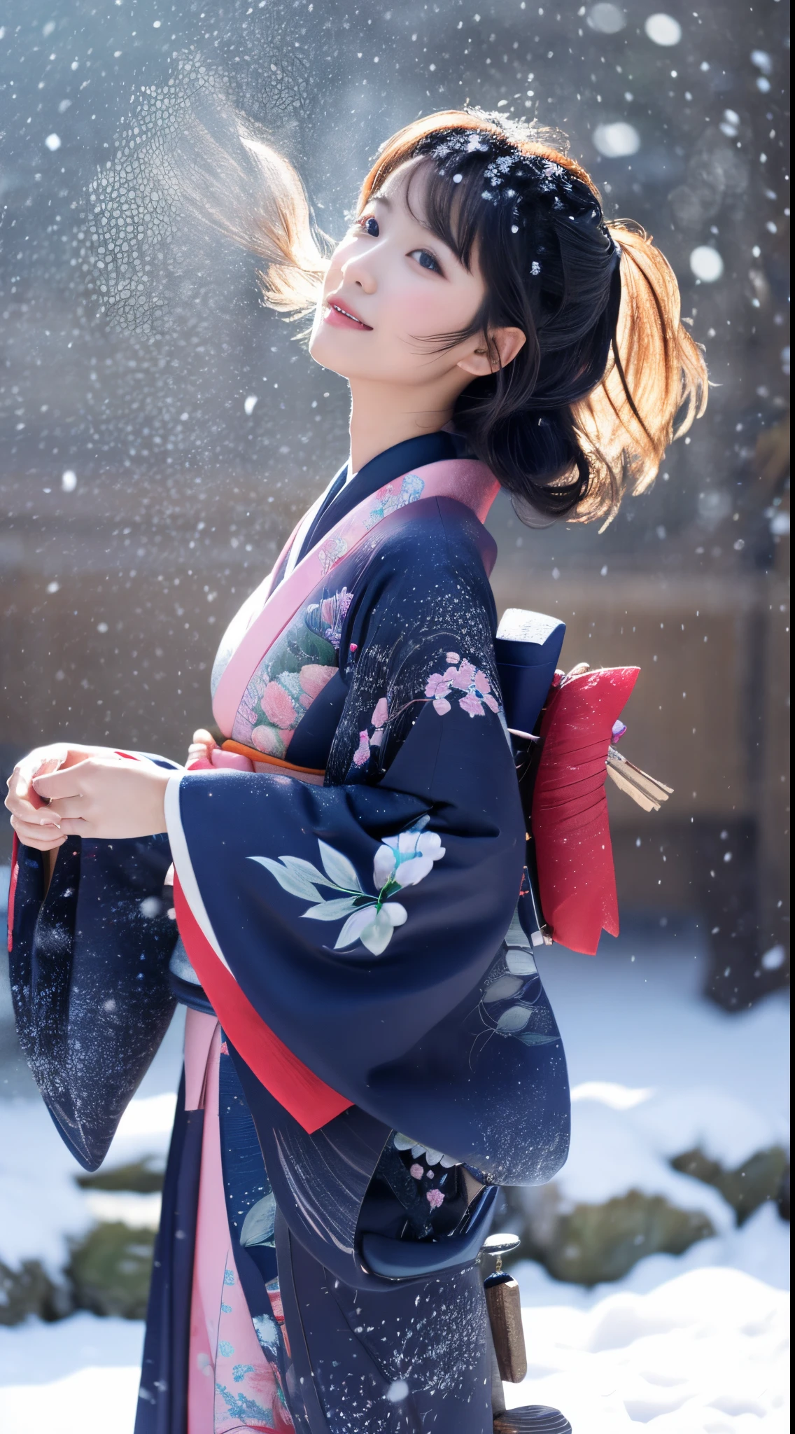 ((Kimono))、(full body Esbian)、(top-quality,​masterpiece:1.3,超A high resolution,),(ultra-detailliert,Caustics),(Photorealsitic:1.4,RAW shooting,)Ultra-realistic capture,A highly detailed、 Skin texture is natural、25-years old、The skin looks healthy with an even tone、 Use natural light and color、One Woman,japanes、A dark-haired,Middle hair,、(Falling snow:1.1)、(Hair swaying in the wind:1.3)、(Snow reflects light)、Light in the eyes、Looking at the camera