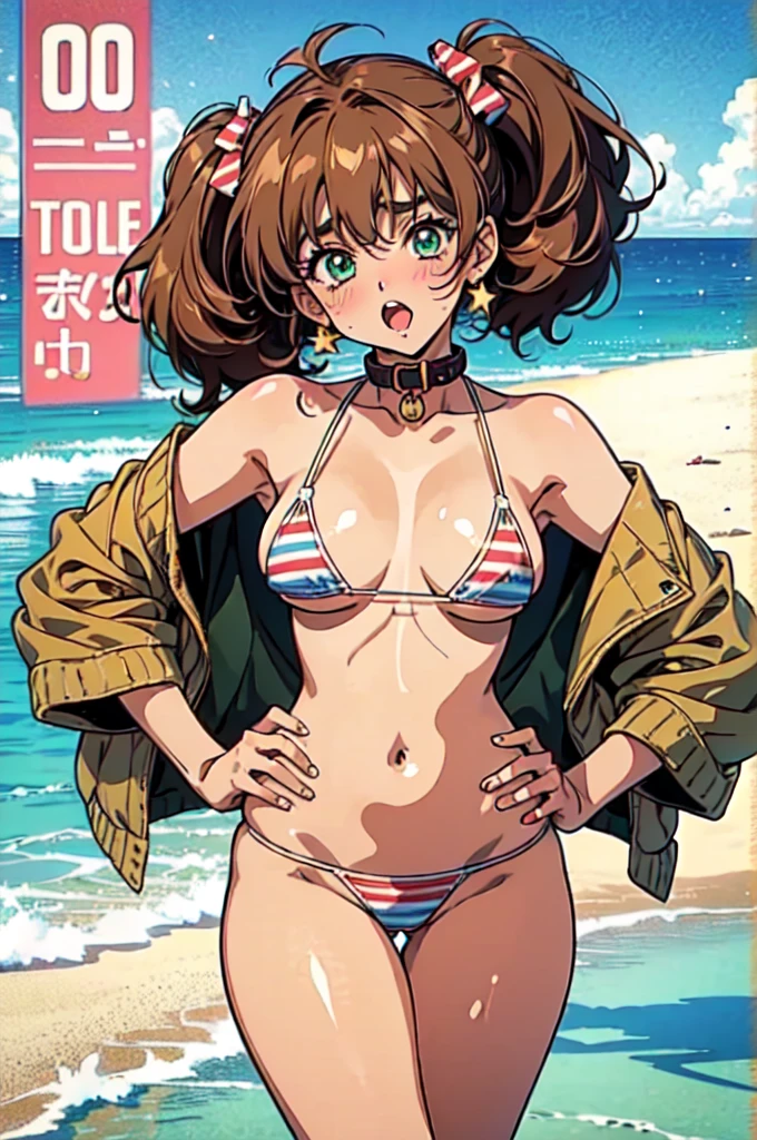 "(masterpiece:1.1), best quality, NSFW, 
1girl, gyaru, (80s anime style:1.4), 
brown hair, 
(bangs:1.1), (twintails:1.1), 
green eyes, (thick eyebrows:1.1), 
(tan skin:1.1), (li body:1.2), (medium breasts:1.1), 
(naughty face:1.2), (open mouth, tongue out, blush:1.2),
(stars and stripes bikini, micro bikini:1.1), 
accessories, earrings, collar, hair ornament, 
standing, hand on hip, 
(cowboy shot:1.1),
(daytime, beach:1.2)"