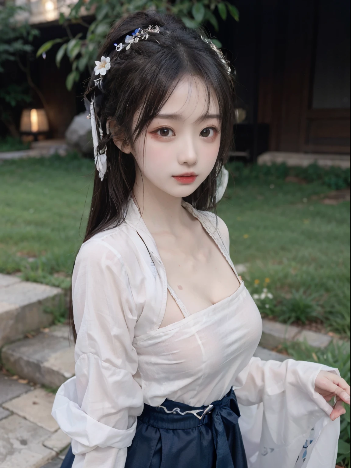 Wet-breasted  dynasty royal,  highest quality, best image quality, exaggerated detail, cute 8-year-old asian girl with shy expression, slightly squinted eyes, adjust her hair, long eyelashes (long / very,  Hanfu silk dynasty open V-chested roya) outdoors, posing in front of the camera, focus on breasts. Wear a white shirt.，detail boobs big breast，The chest is more exposed，short Thin silk lace petticoat