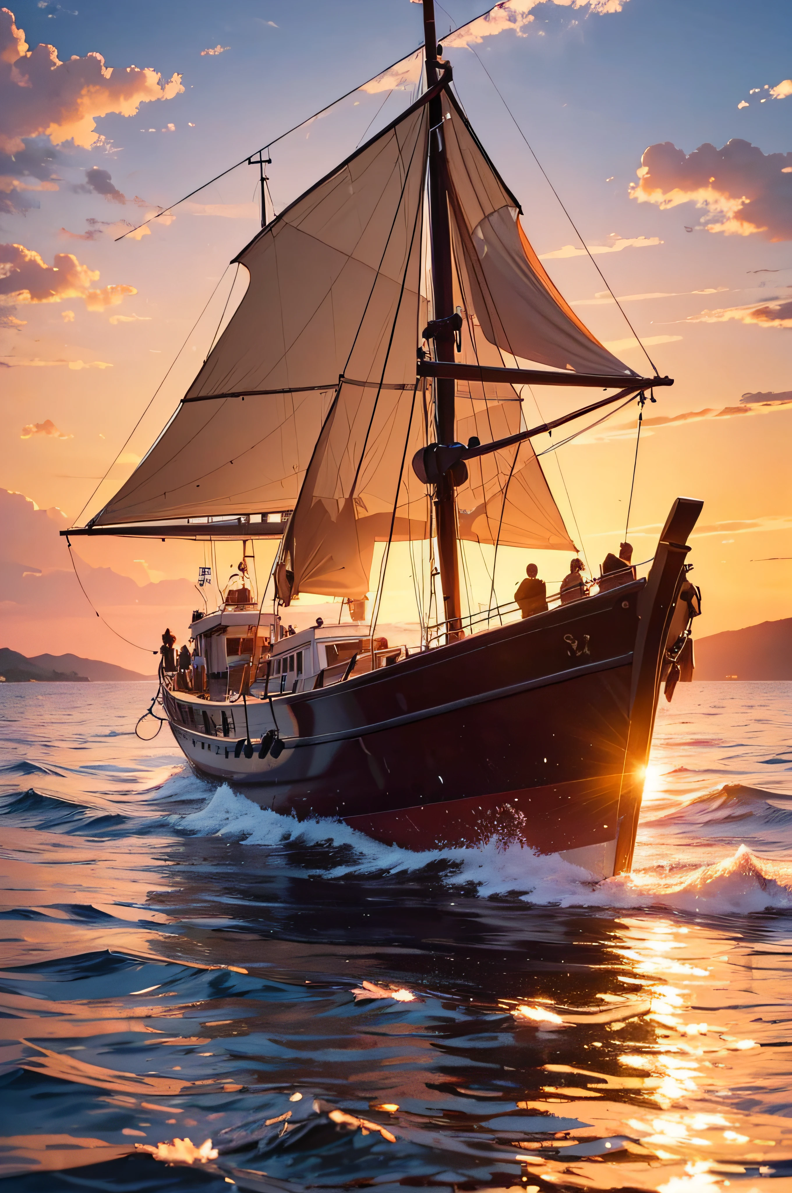 (best quality,4k,highres,masterpiece:1.2),ultra-detailed,(photorealistic:1.37)
A big, weathered boat sailing across the vast and serene open sea. The boat has a sense of history and grandeur, exuding a timeless elegance in its worn-out structure and aged wood. Waves gently caress its sides, reflecting the mesmerizing colors of the radiant sunset. The sky is ablaze with warm hues of orange, red, and pink, casting a magical glow upon the boat and the surrounding water.
As the sun sets in the horizon, its golden rays create a sparkling trail on the water's surface, illuminating the path of the boat. The shimmering reflections dance and twinkle, adding a touch of enchantment to the scene.
In harmony with the boat's journey, a flock of graceful birds glides in the sky, their wings effortlessly cutting through the air. Their presence brings a sense of freedom and serenity, as they accompany the boat on its voyage. The birds gracefully follow, soaring with elegance against the backdrop of the evening sky.
The ambiance is filled with a tranquil beauty, as if time stands still in this idyllic moment. The boat, sea, sky, and birds unite to create a captivating tableau of nature's harmony and human adventure.