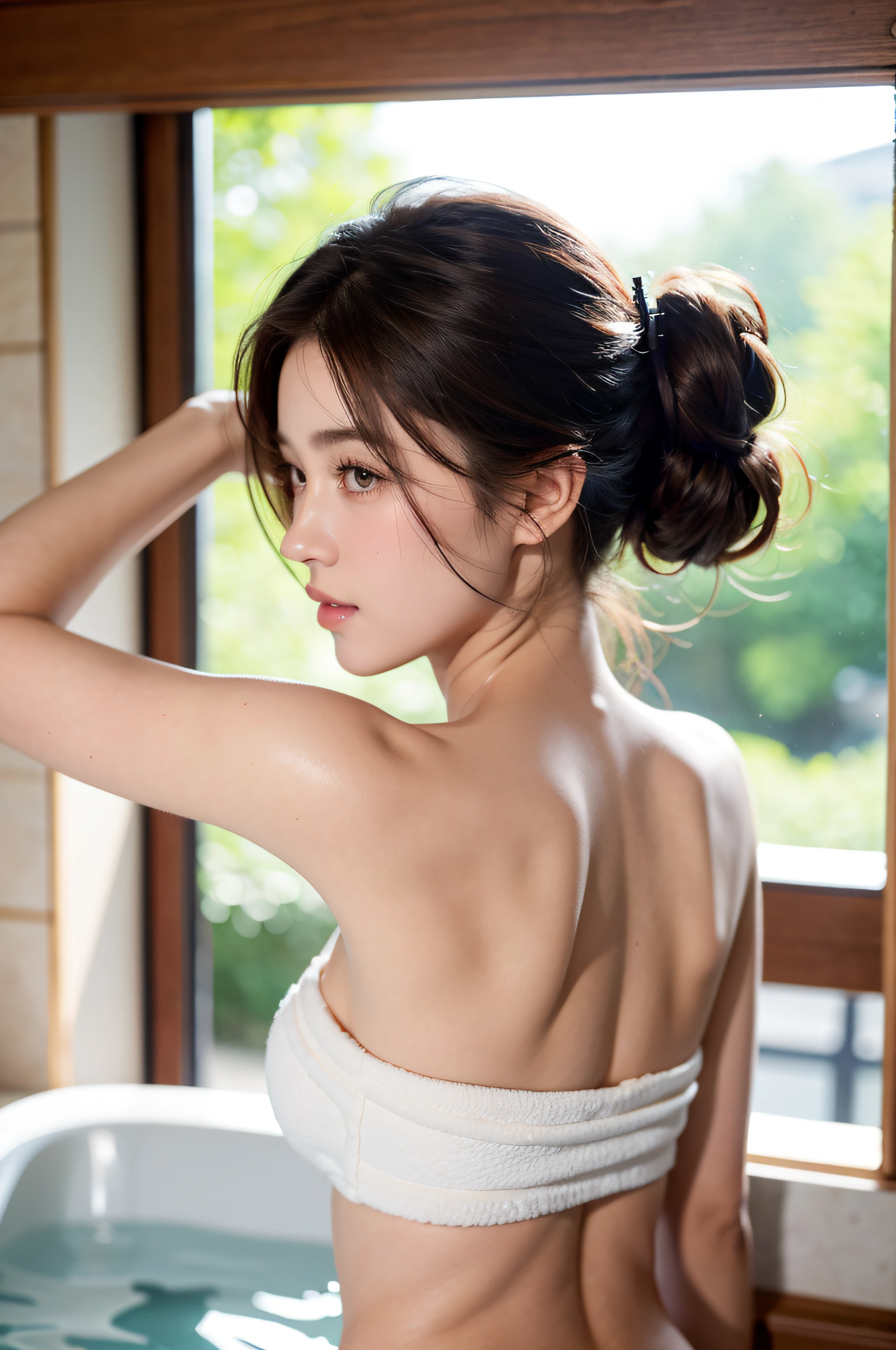 ((Best quality, 8k, RAW photo, Masterpiece :1.3)), (realistic、Photoreal:1.37)、Super detailed、super high resolution, (professional lighting), alone, 1 woman, solo, (30 years old), japanese, beautiful and detailed face, shining eyes, brown eyes, (scrawny：weight1.0) , Fine and beautiful skin, skin texture, (half updo, brown hair), nsfw, 1girl,(looking away:1.3), naked towel, in bath dressing room,smile,sweat,wet,(ass:1.3),
back shot,(leaning forward:1.1)