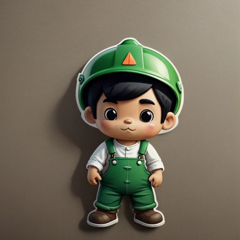 china boy, Wear green overalls, White hard hat, engineer, Black hair, adolable, with brown eye,pixar, chibi, contemplative,To have three views