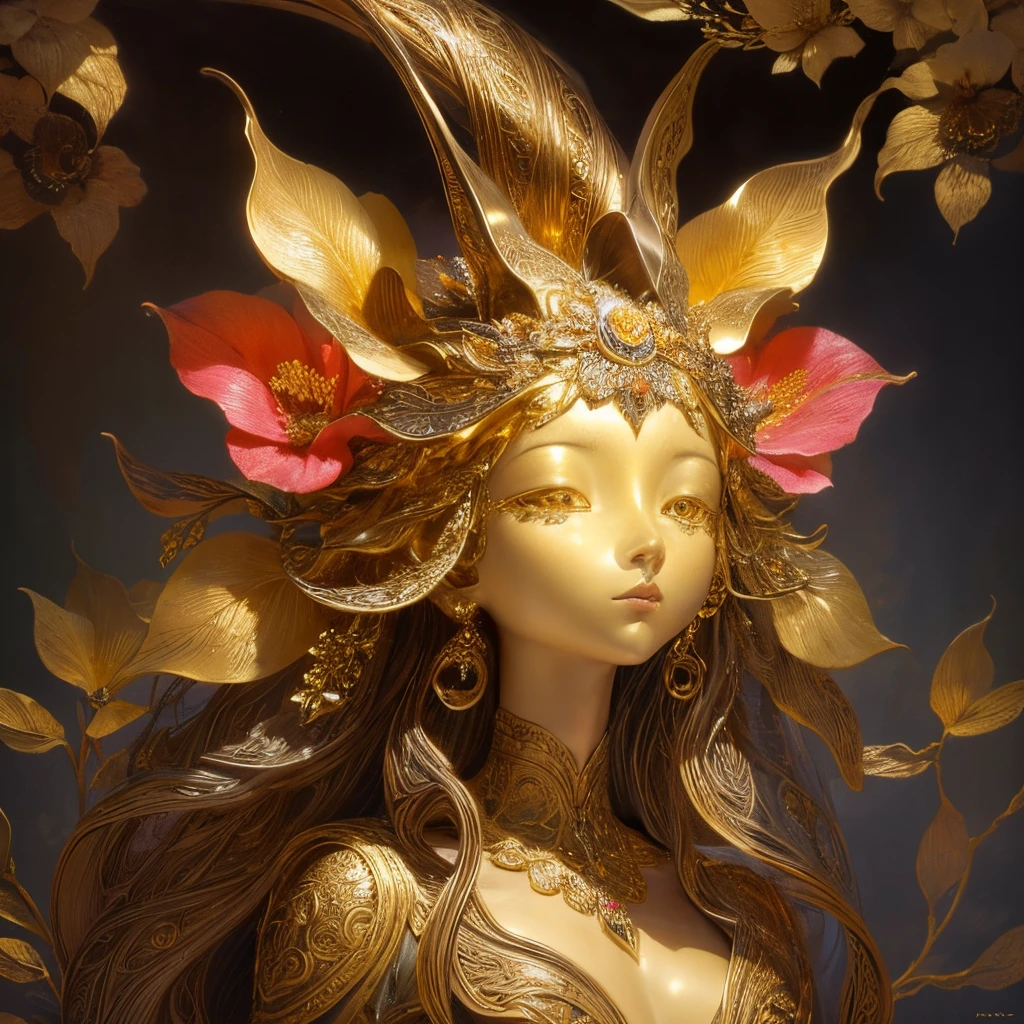 tmasterpiece, Best quality at best,baroque element,Detailed 4K oil painting,Stunning and detailed,(without humans:1.8),Stunning metallic flower pattern made entirely of gold and silver. These flowers are made from abundant, Gold metal, Every piece is carefully crafted,Showcasing the beauty and versatility of bronze.
Flowers arranged in beautiful patterns, Each item pairs perfectly with the others. Flower stems are made of sturdy, durable bronze, The top is very delicate, The swirling petals seem to sparkle in the light.
The flowers themselves are shaped like little bells, Each piece is decorated with intricate, when you observe them,The rotation mode seems to have changed. Bronze has a warm feel, golden rays, Seems to exude a feeling of warmth and comfort.
All inclusive, This metallic flower pattern made entirely of bronze is a work of art, stunning creation,Showcasing the beauty and versatility of metal. hori'The perfect gift for any occasion, to anyone who receives it,This will become a precious souvenir.