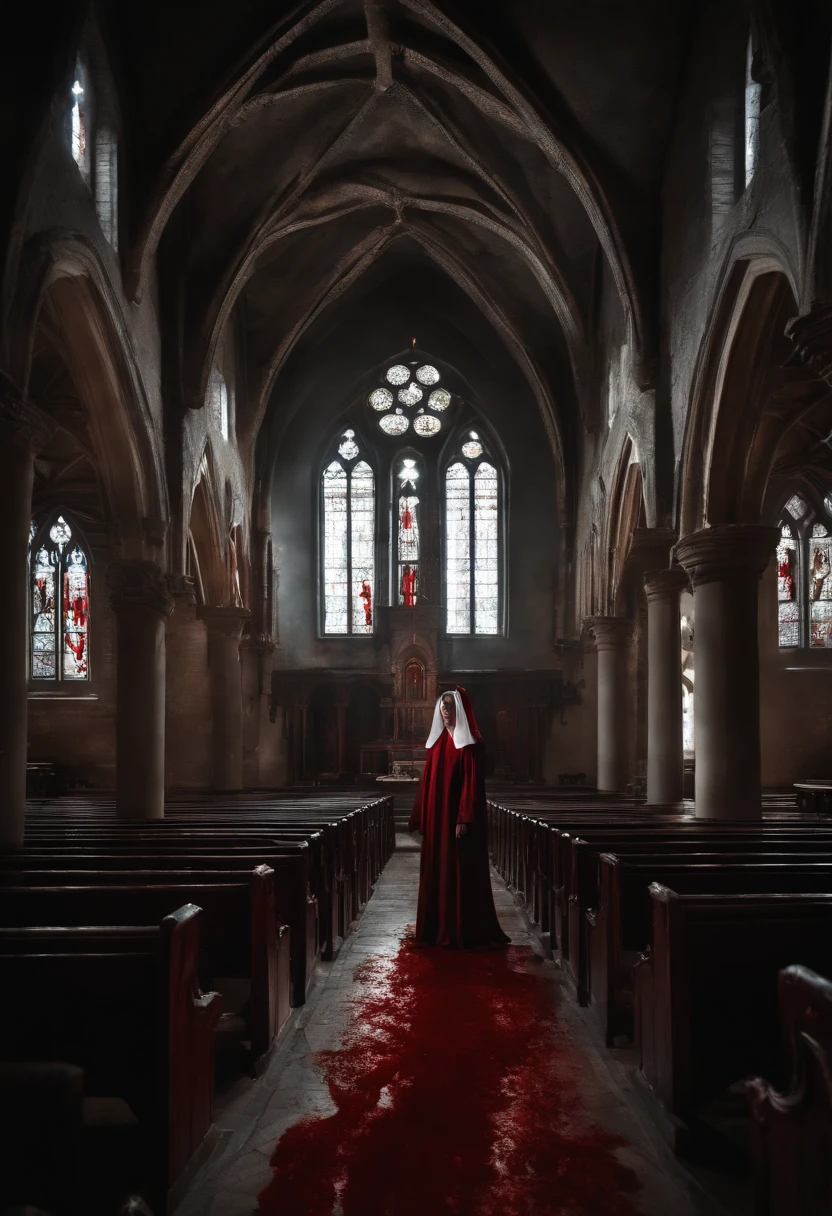 Blood nun, dark and gloomy atmosphere, old church with biblical windows, beautiful woman with red and penetrating eyes, blood splashes, 1 woman surrounded by ethereal ghosts, eternal and deep darkness, penitent ghosts, group of humanoid spirits