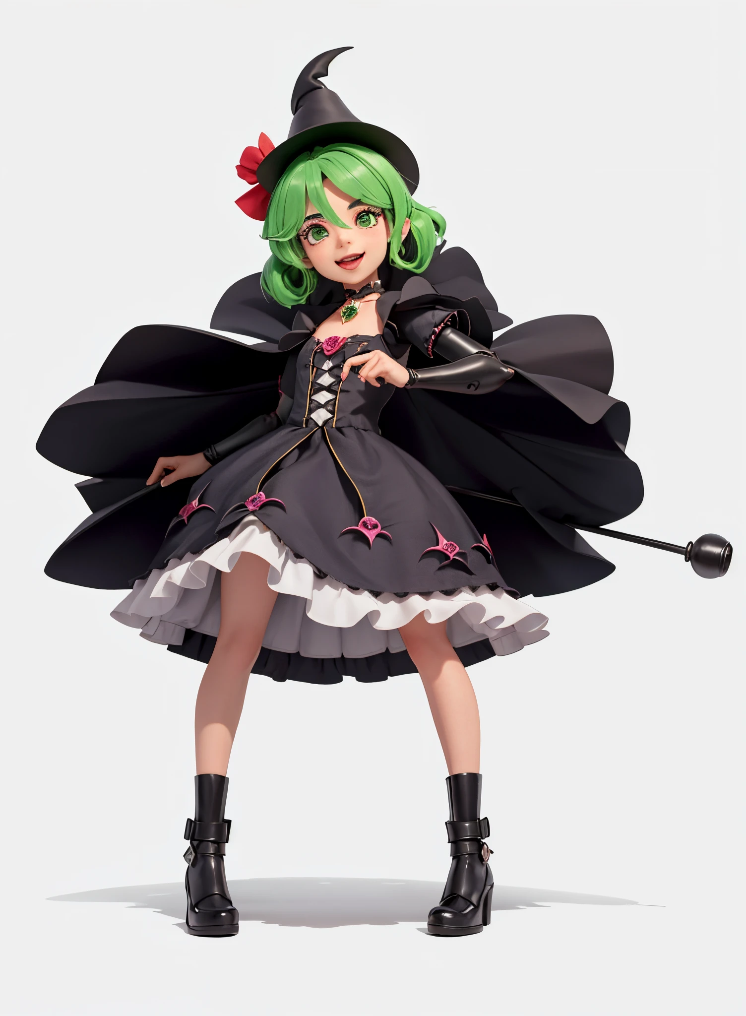 a closeup of a person in a dress and a hat with a bat, Chica bruja mecanizada, protagonista fe******, coqueto anime bruja casting magia, Chica bruja, personaje animado, Una joven maga, Full body anime illustration, ****, piel clara,bonita, 12 years, tono de piel rosa claro, ojos verdes